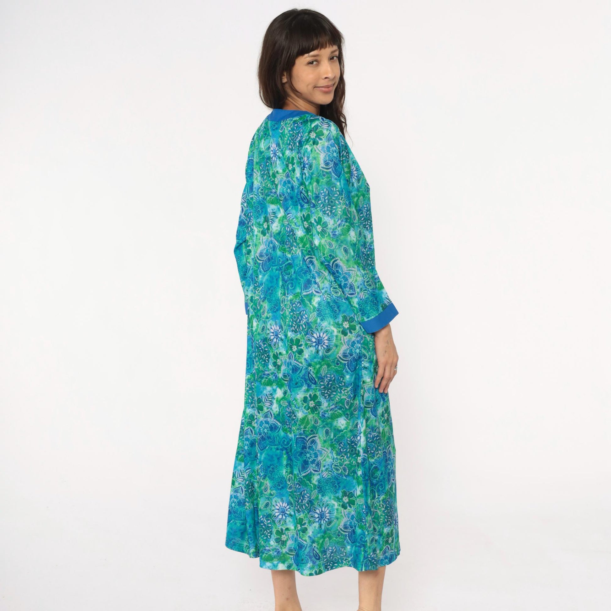 90s Botanical Print Maxi Robe Blue Green Zip Front Long Sleeve Medium M