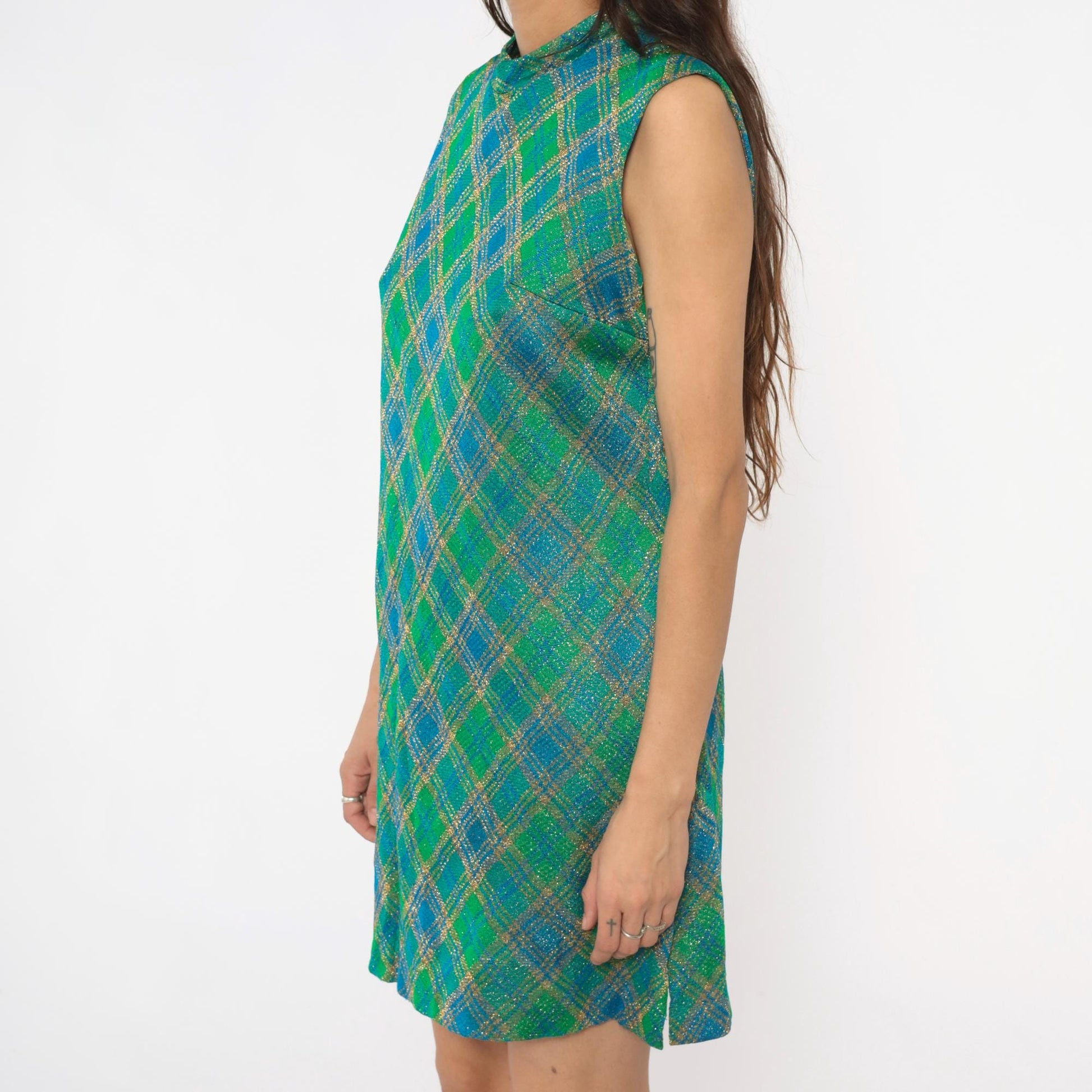 60s Metallic Plaid Shift Dress Blue Green Gold Mock Neck Mini Large L