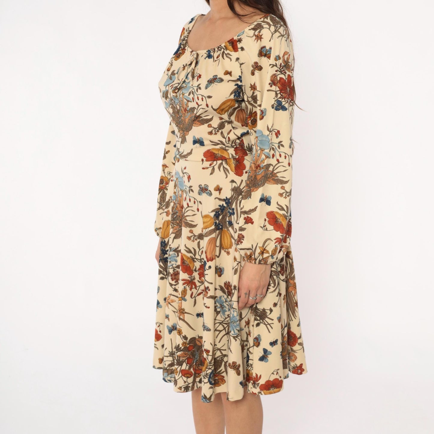 70s Mushroom Butterfly Floral Dress Cream Drawstring Peasant Small