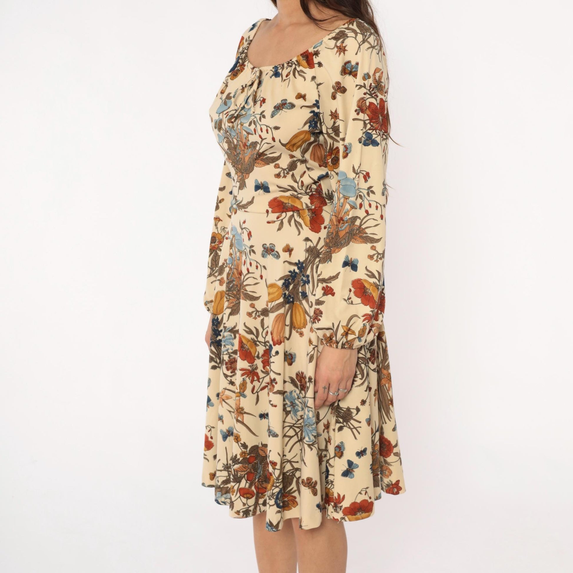 70s Mushroom Butterfly Floral Dress Cream Drawstring Peasant Small