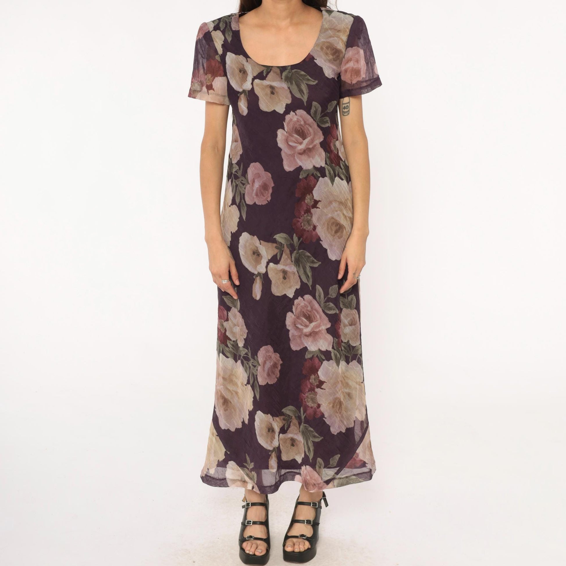 90s Jessica Howard Floral Maxi Dress Purple Rose Print Short Sleeve Medium