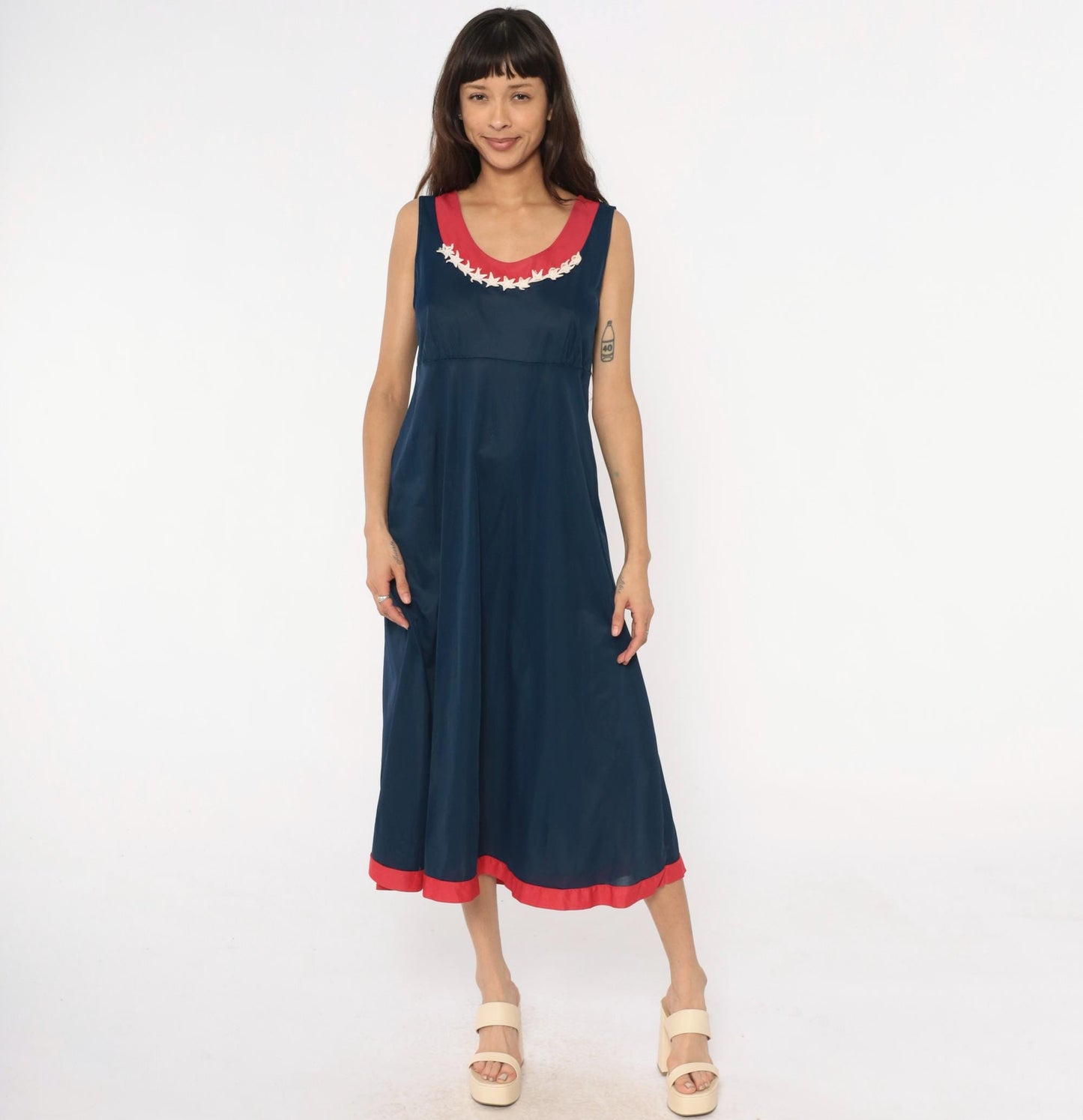70s Navy Maxi Dress Stars Embroidered Red Trim Empire Waist Medium