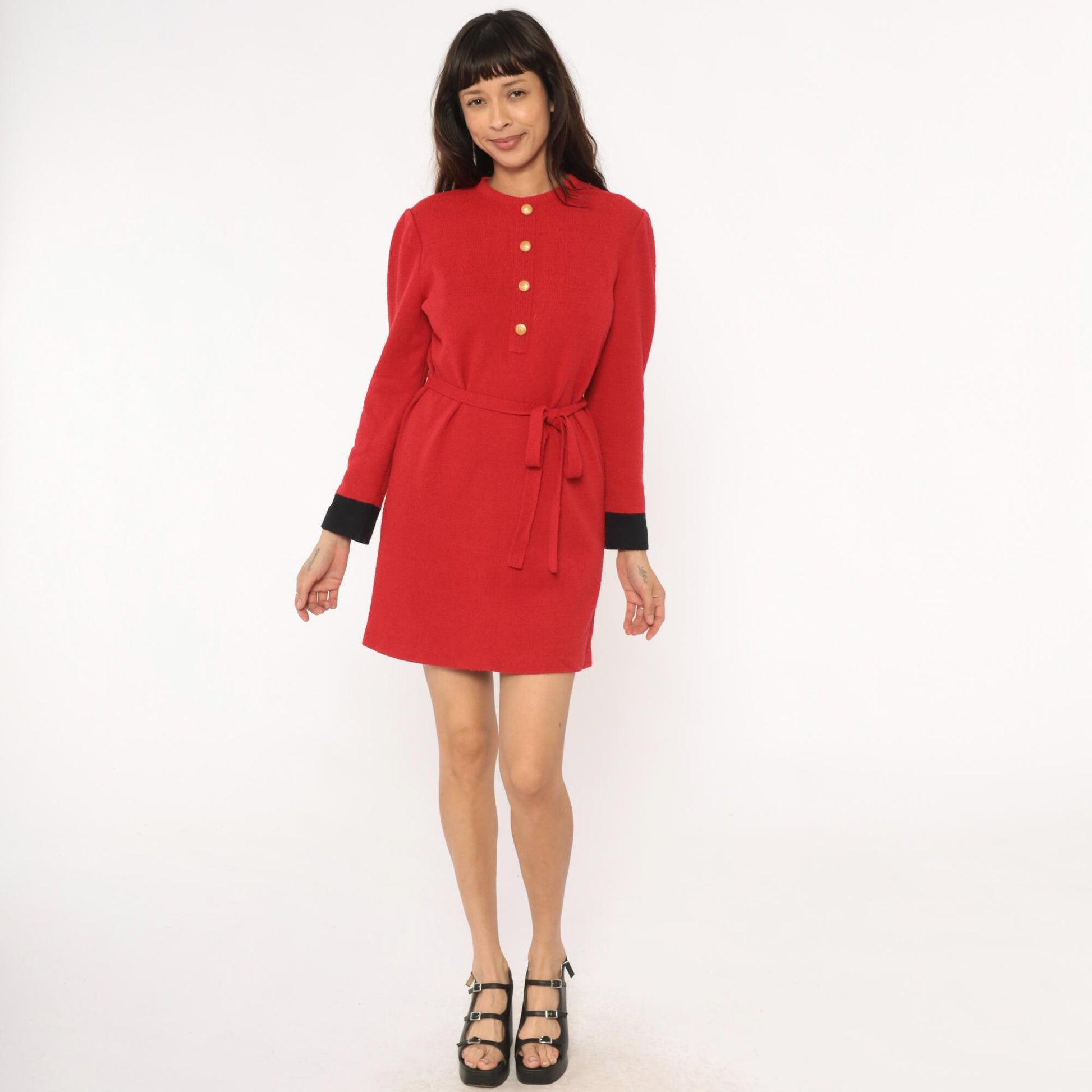 80s Castleberry Red Sweater Dress Gold Buttons Black Cuffs Tie Belt Medium