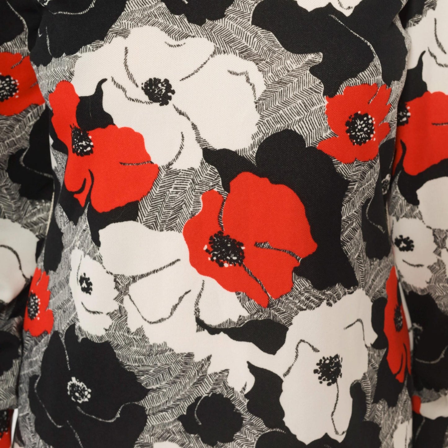 70s Floral Shift Dress Red Black White Poppy Print Collared Long Sleeve Large L