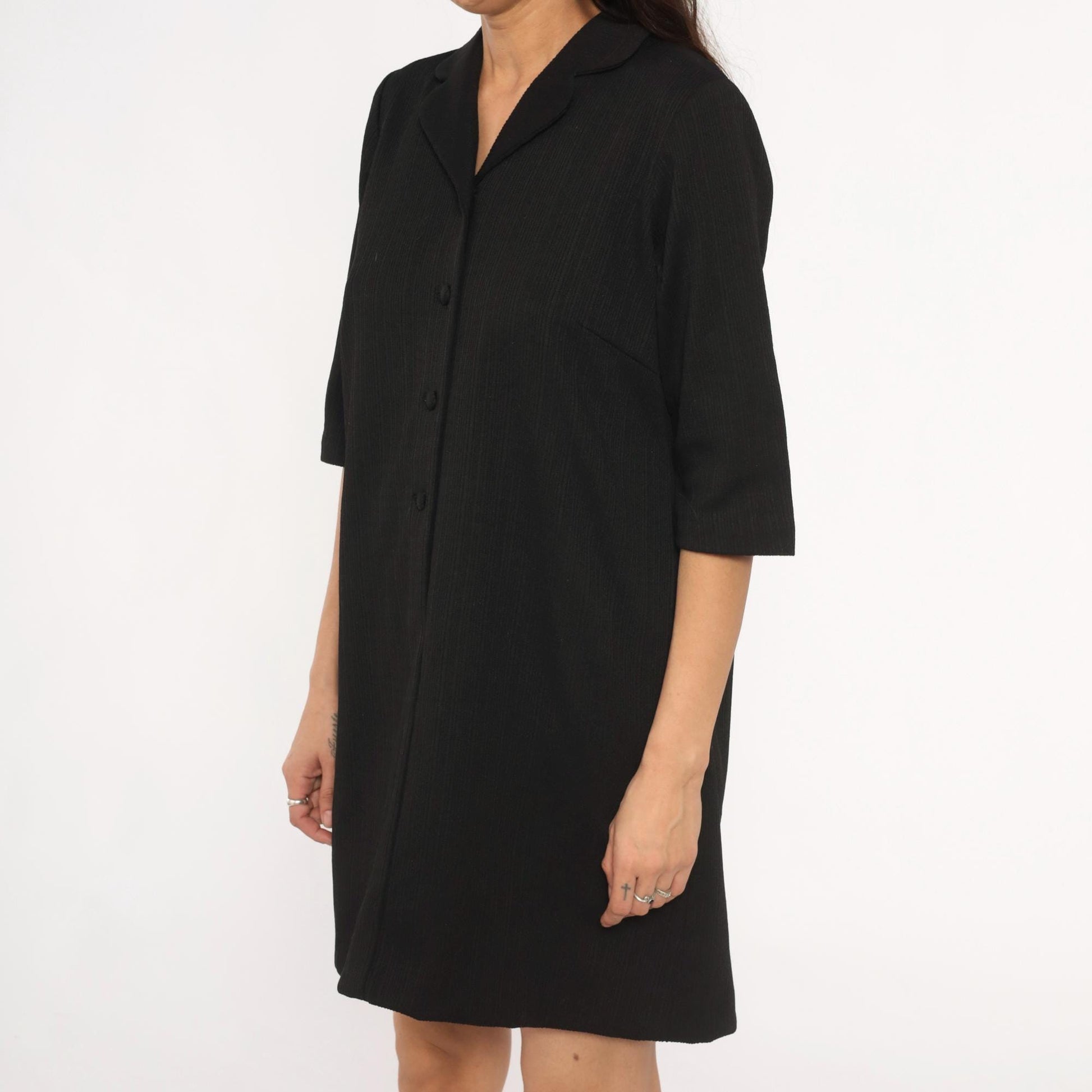 70s Black Shift Dress Button Front Lapel 3/4 Sleeve Knee Length Large