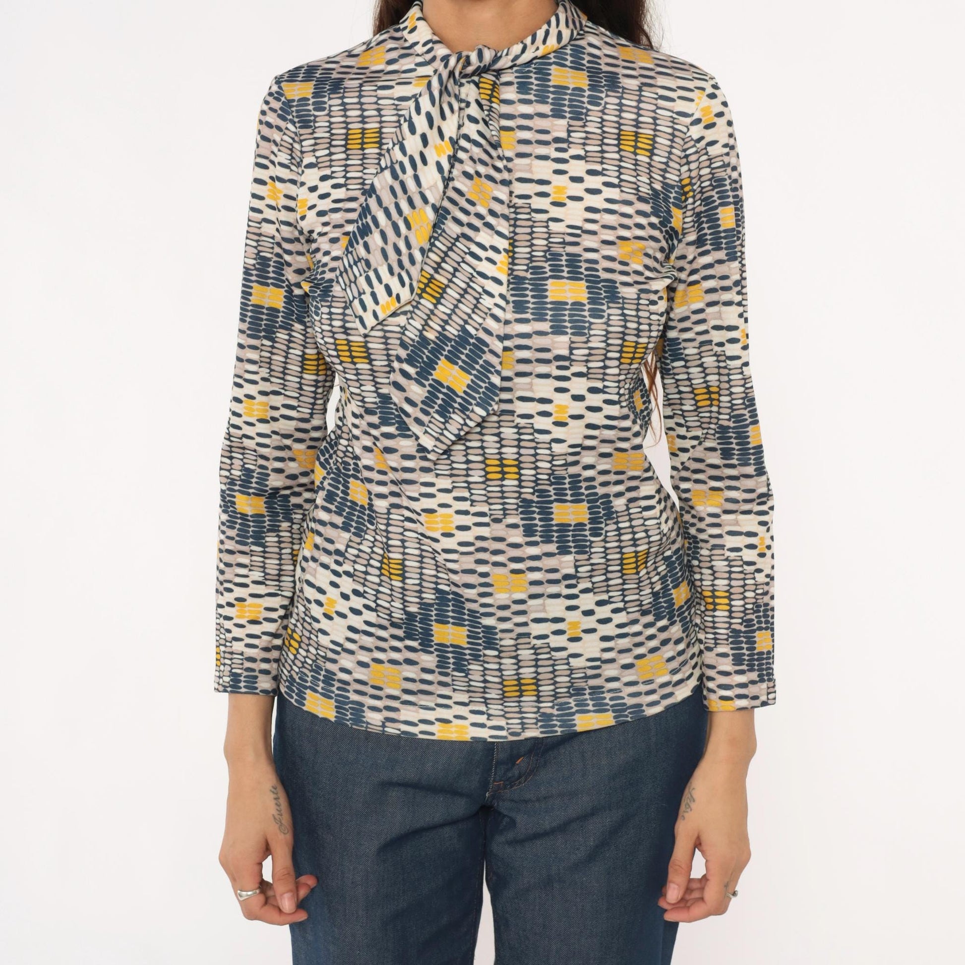 70s Sears Geometric Print Pussy Bow Blouse Navy Mustard Cream Small