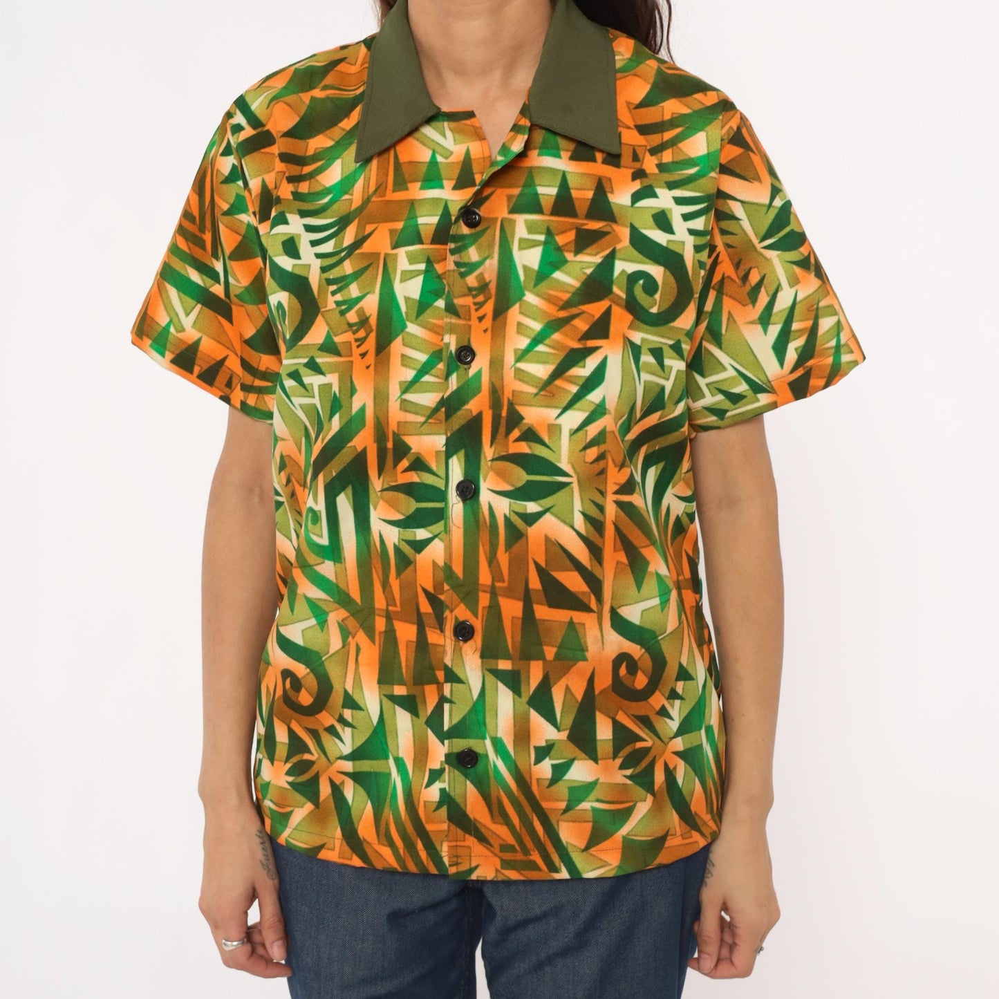70s Psychedelic Geometric Print Shirt Orange Green Pointed Collar Medium M