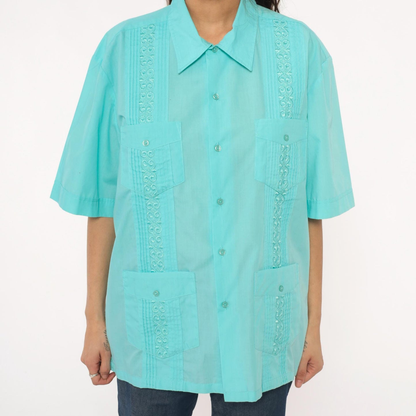 80s Tropicool Aqua Embroidered Pintuck Short Sleeve Shirt Medium