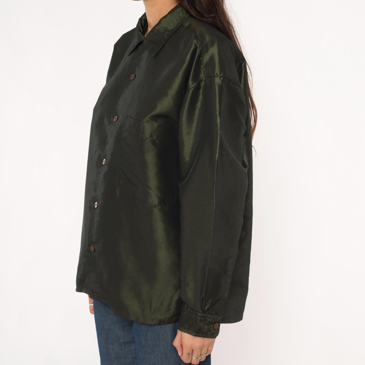 Y2K Olive Green Button-Up Shirt Sqwear Collared Long Sleeve Medium