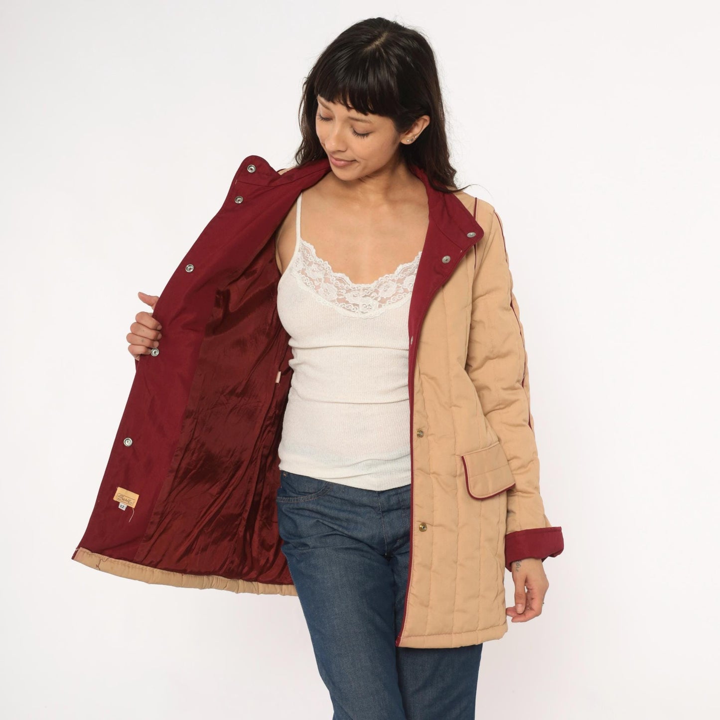 80s Saril Quilted Barn Jacket Tan Burgundy Trim Snap Front Small