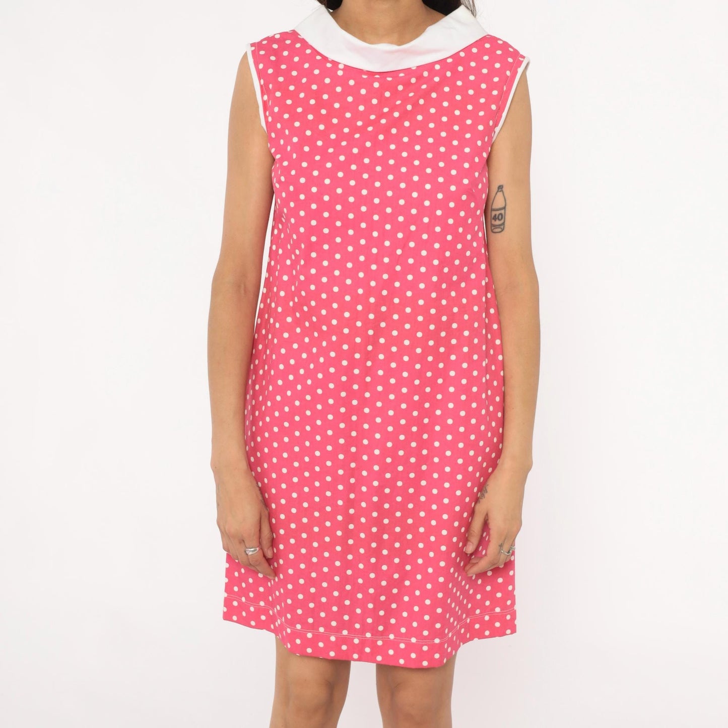 90s Pink Polka Dot Shift Dress White Peter Pan Collar Small