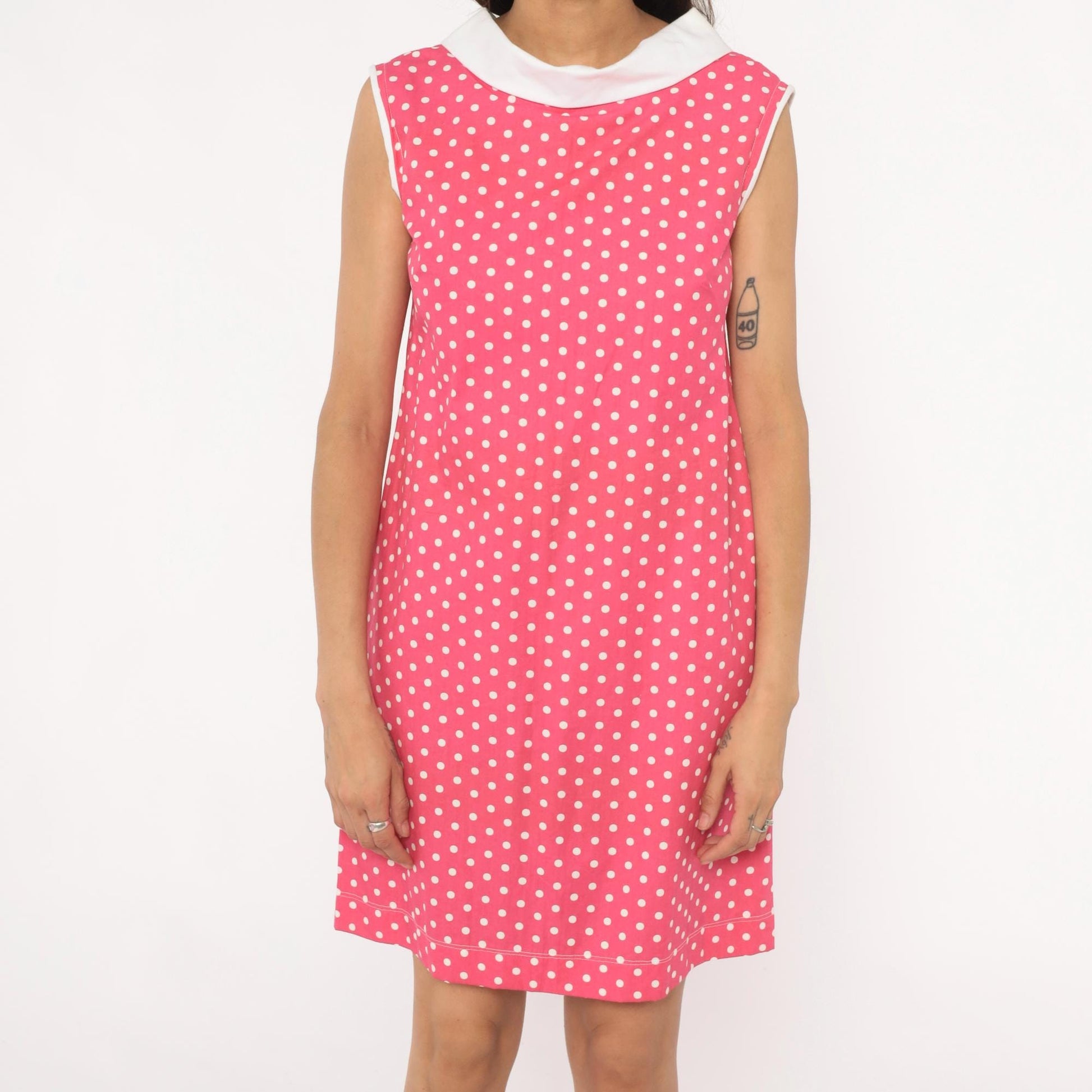 90s Pink Polka Dot Shift Dress White Peter Pan Collar Small