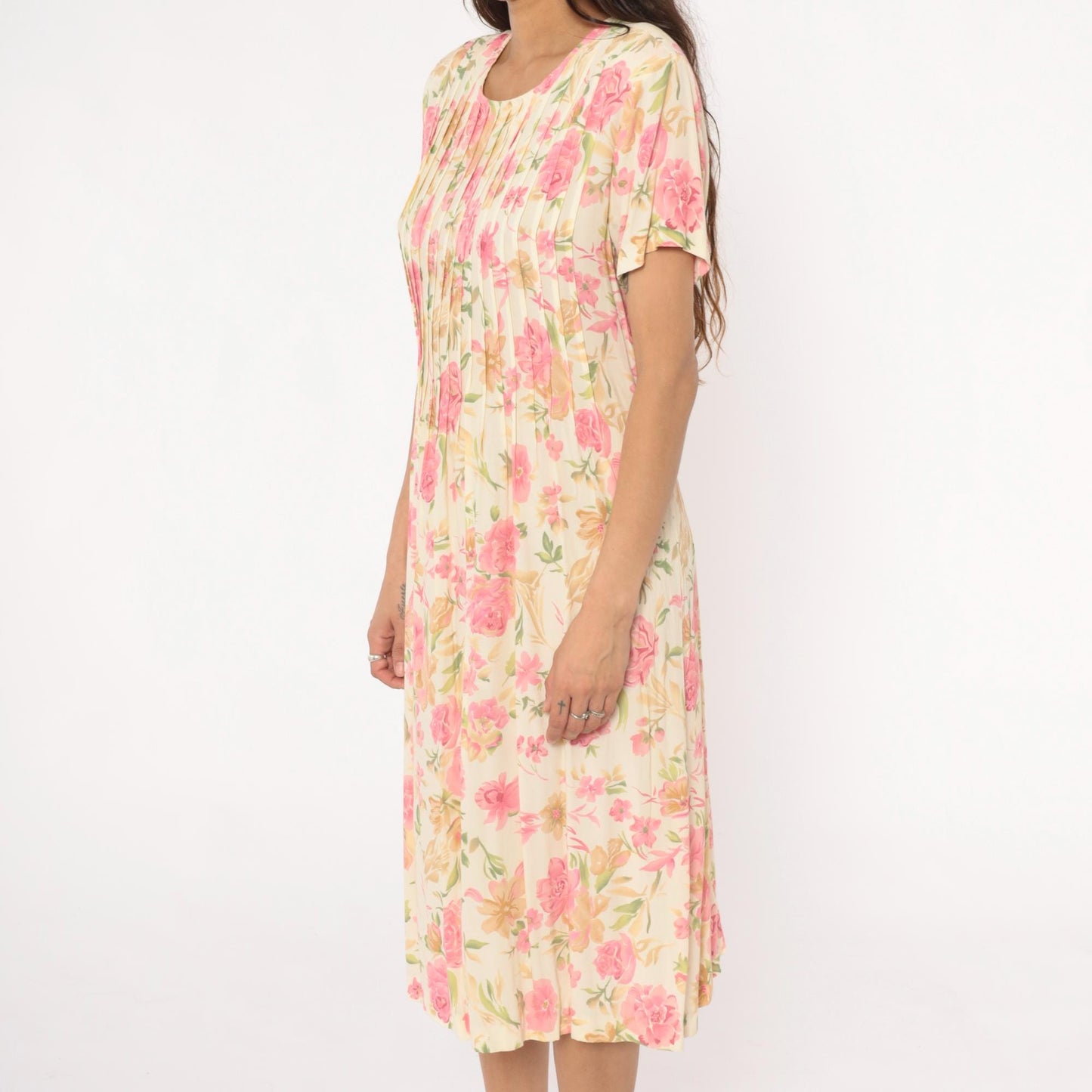 90s Teddi Floral Midi Dress Cream Pink Roses Pintuck Bodice Tie Back Large