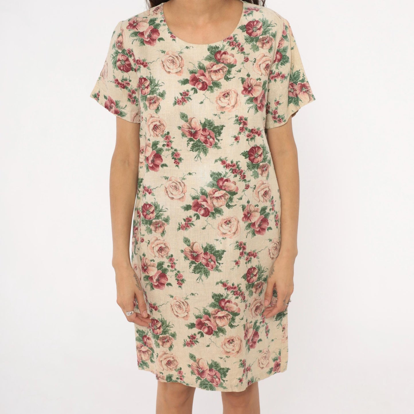 80s Floral Hawaiian Dress Linen Blend Cream Pink Tapestry Print Shift Medium