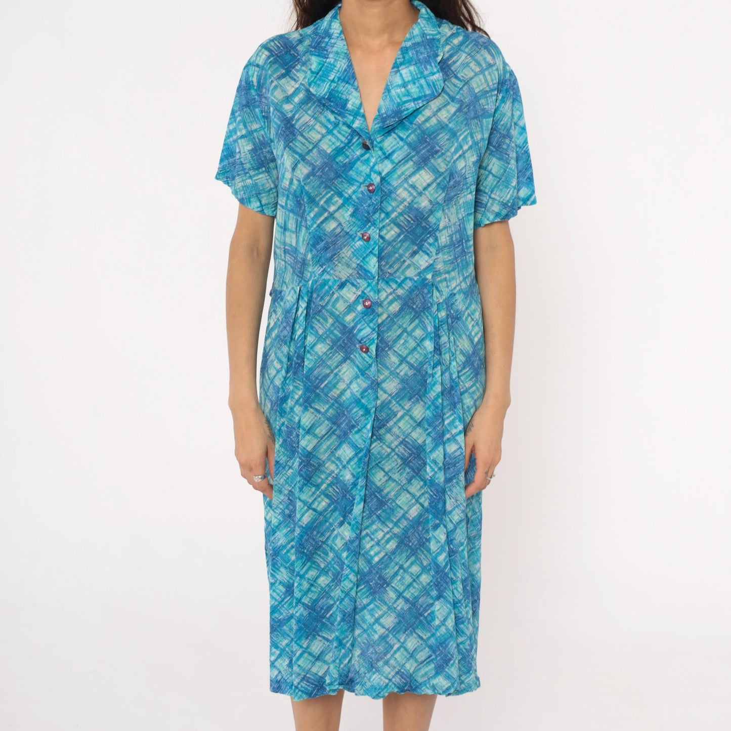 60s Blue Crosshatch Plaid Button-Front Shirtdress Short Sleeve Cotton Large L