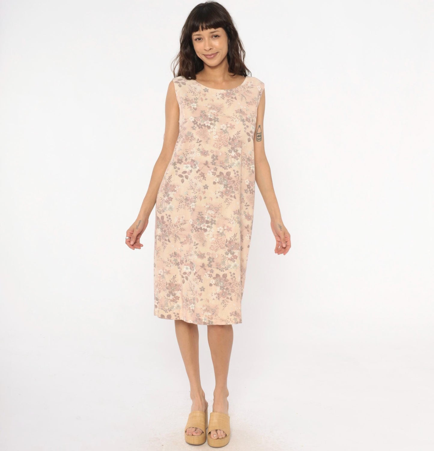 60s Floral Shift Dress Sleeveless Cream Pink Mauve Cotton Medium M