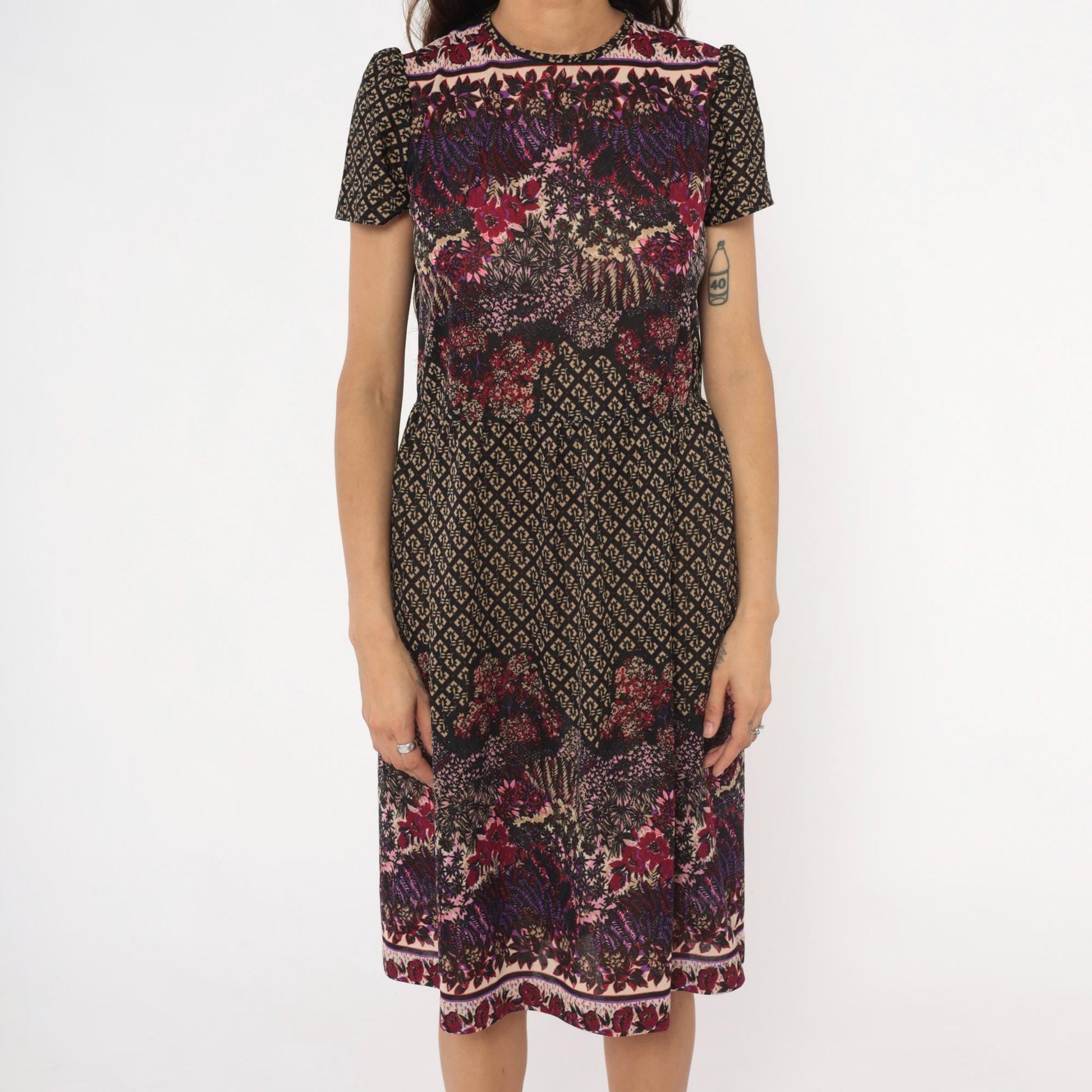 80s Mixed Print Shift Dress Keyhole Back Burgundy Purple Pink Black Medium