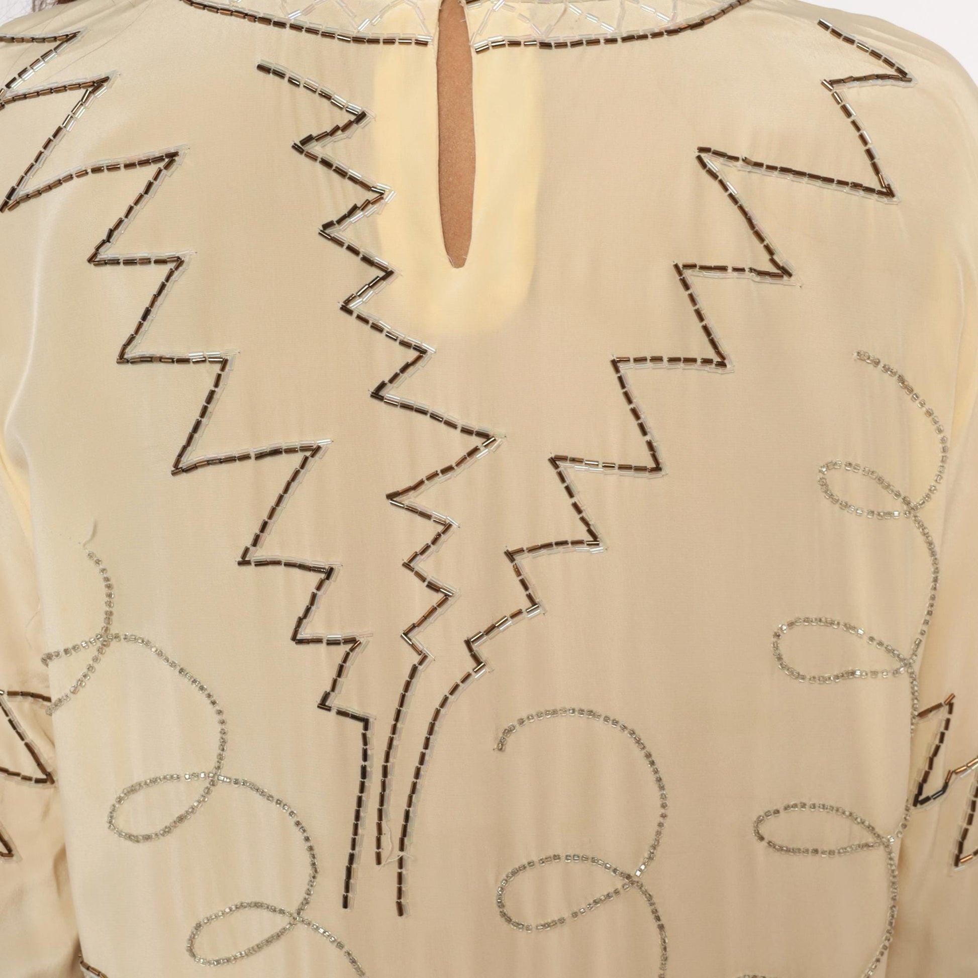 90s Argenti Silk Beaded Midi Dress Cream Drop Waist Geometric Embroidered Medium M