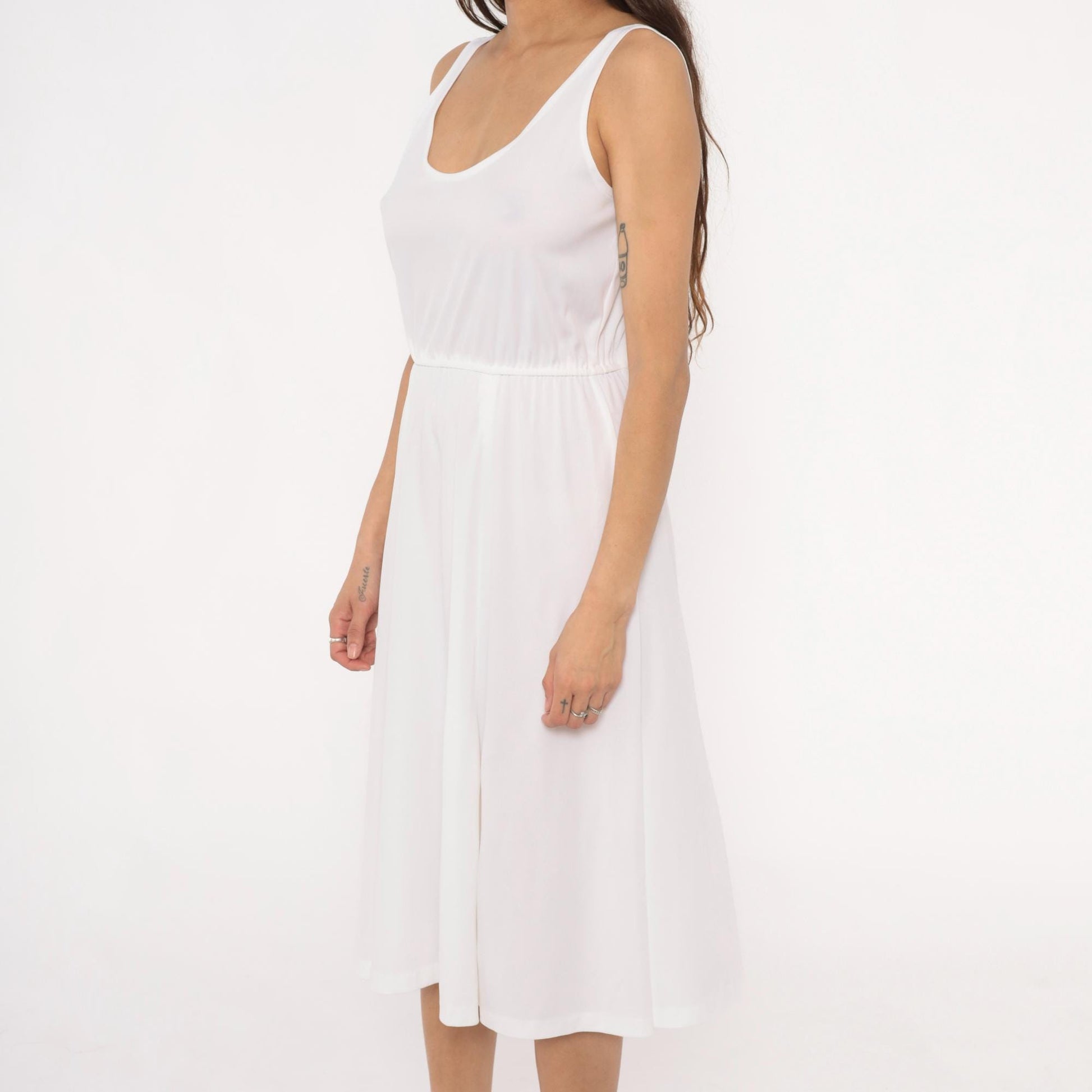 70s White Midi Dress Elastic Waist Scoop Neck A-Line Tank Strap Medium M