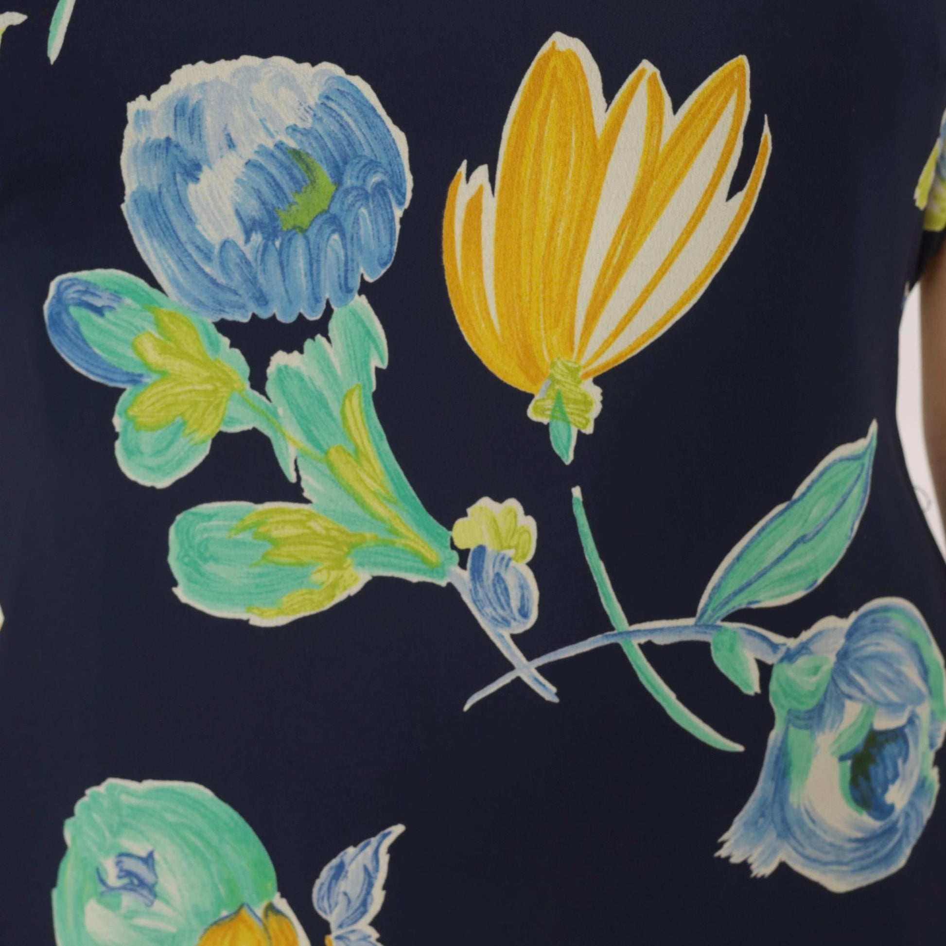 90s Bentley Floral Maxi Dress Navy Blue Yellow Green Scoop Neck Large L