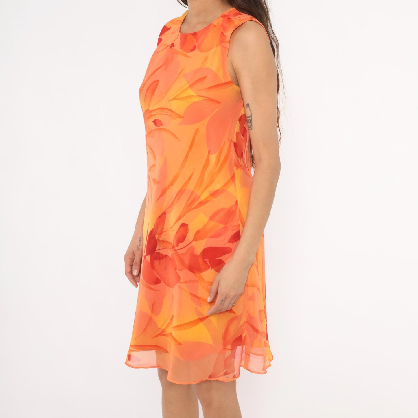 90s Jessica Howard Orange Floral Chiffon Shift Dress Medium M