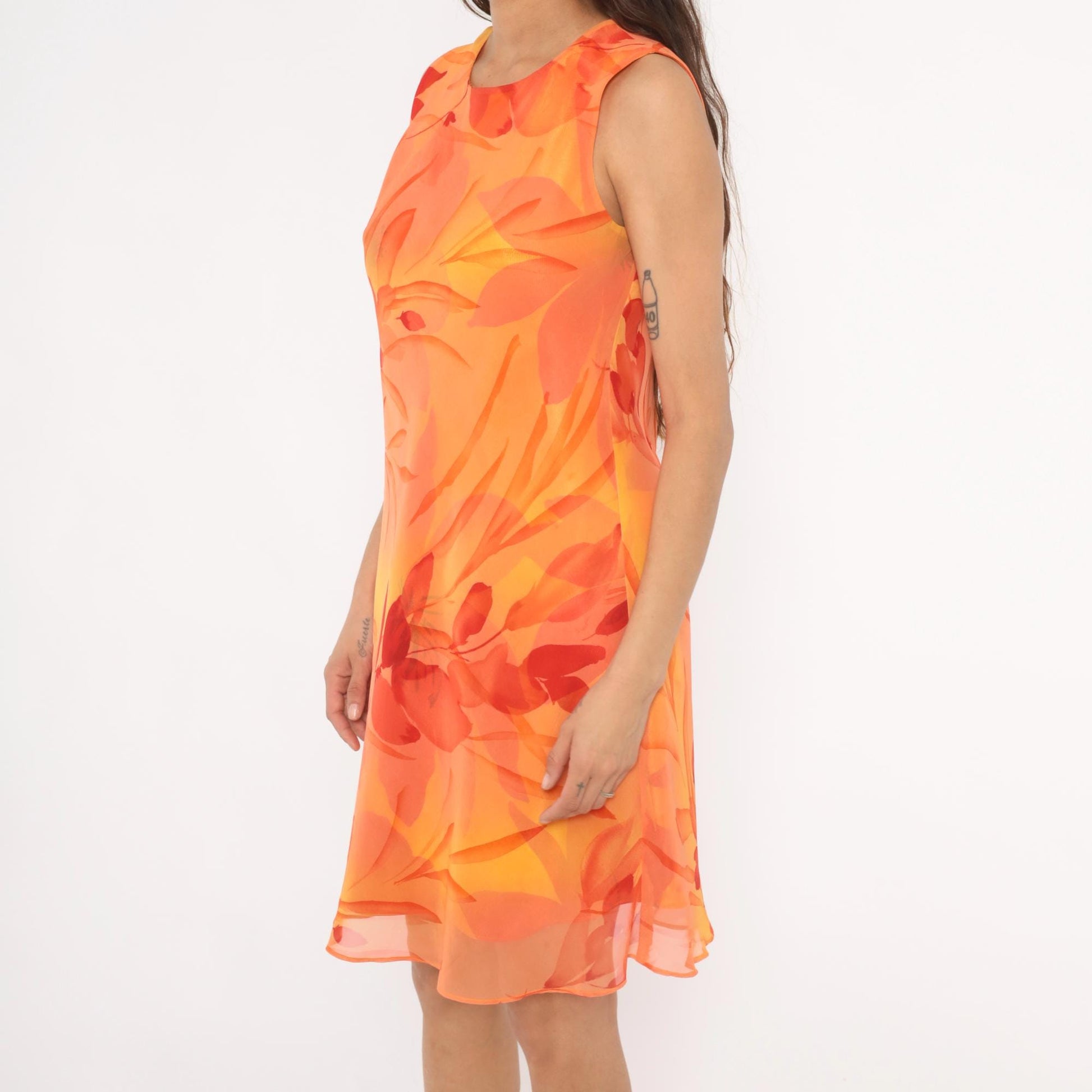90s Jessica Howard Orange Floral Chiffon Shift Dress Medium M