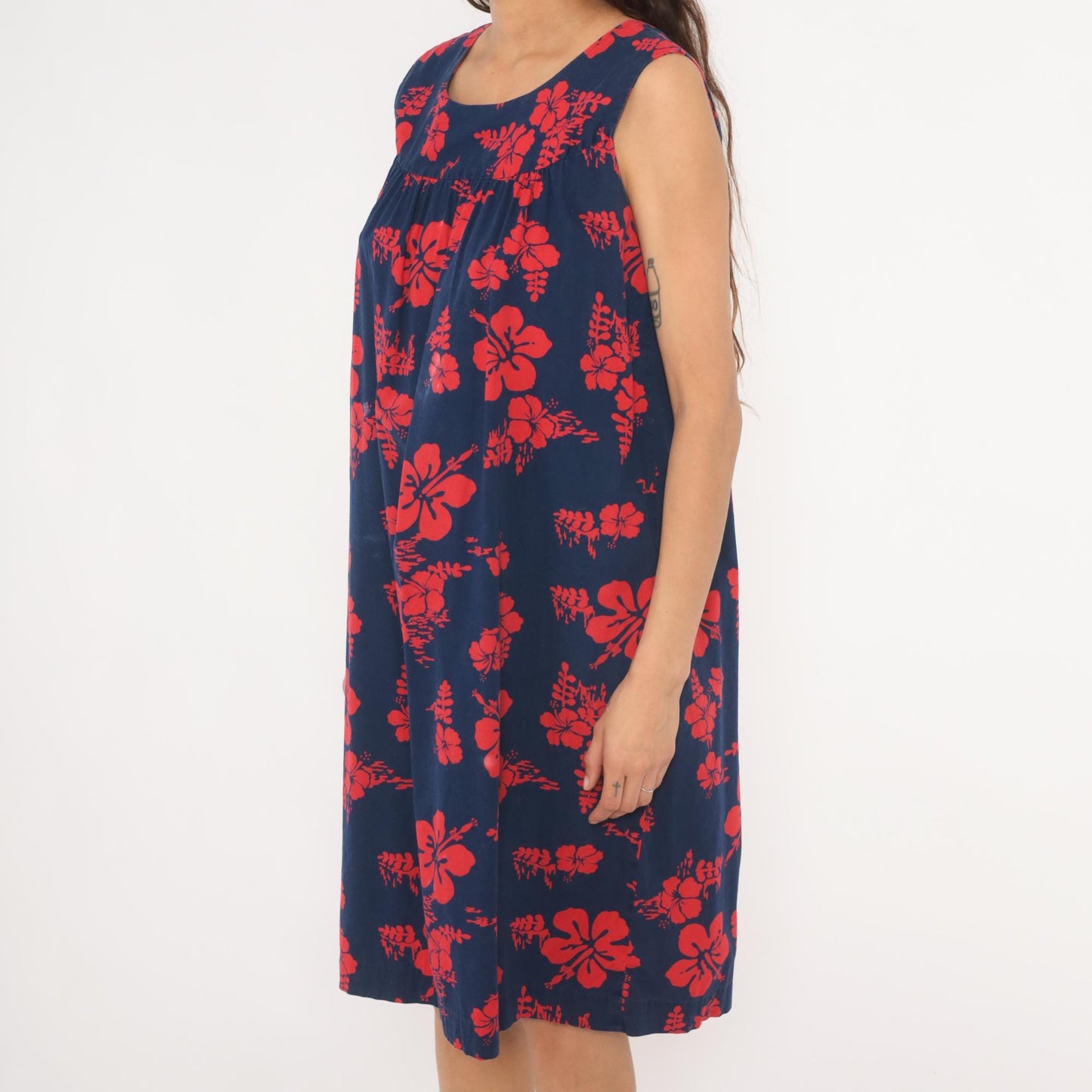 80s Ui-Makai Hawaiian Hibiscus Dress Navy Blue Red Floral Sleeveless Small