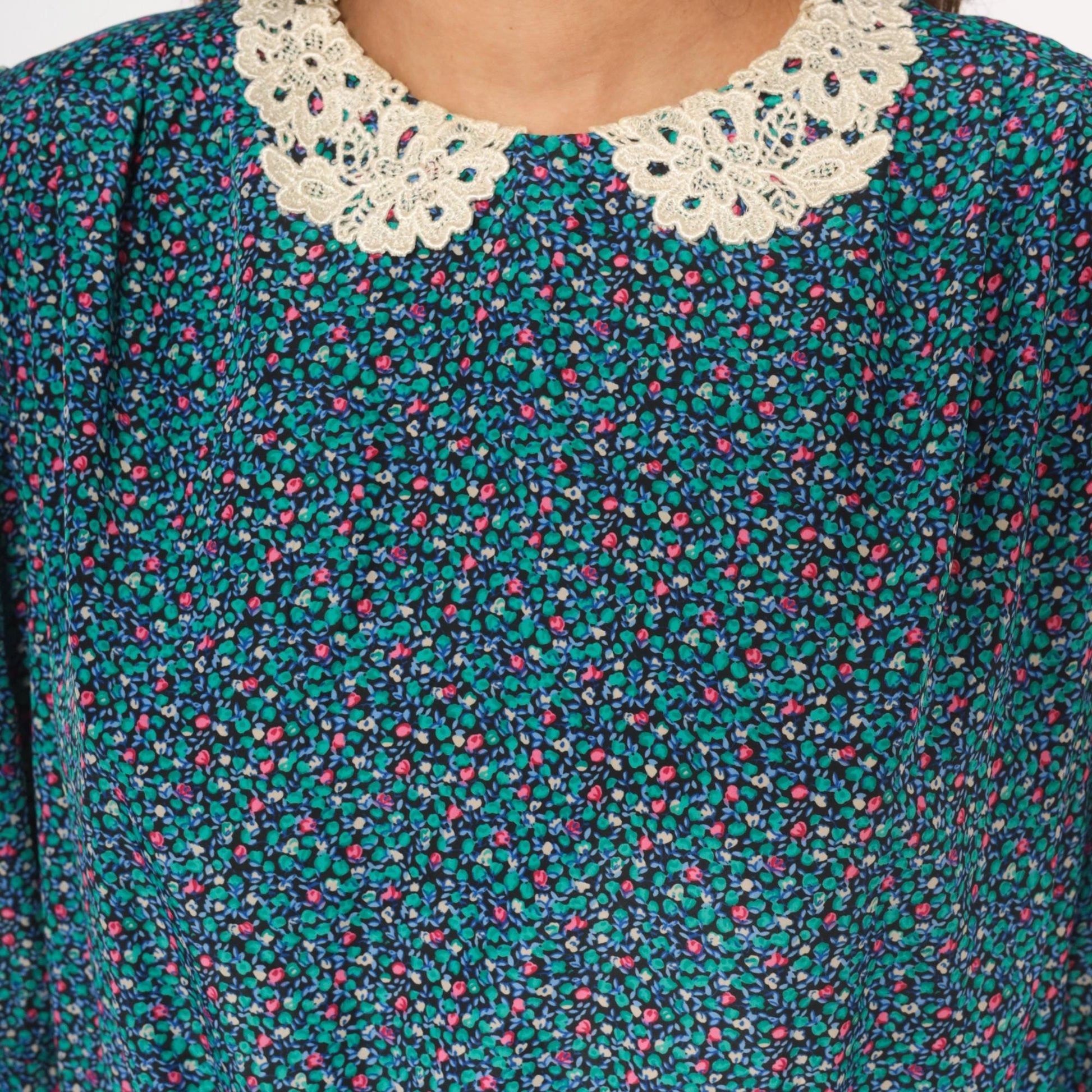 80s Brelli Originals Ditsy Floral Mini Dress Puff Sleeve Peter Pan Collar Large L