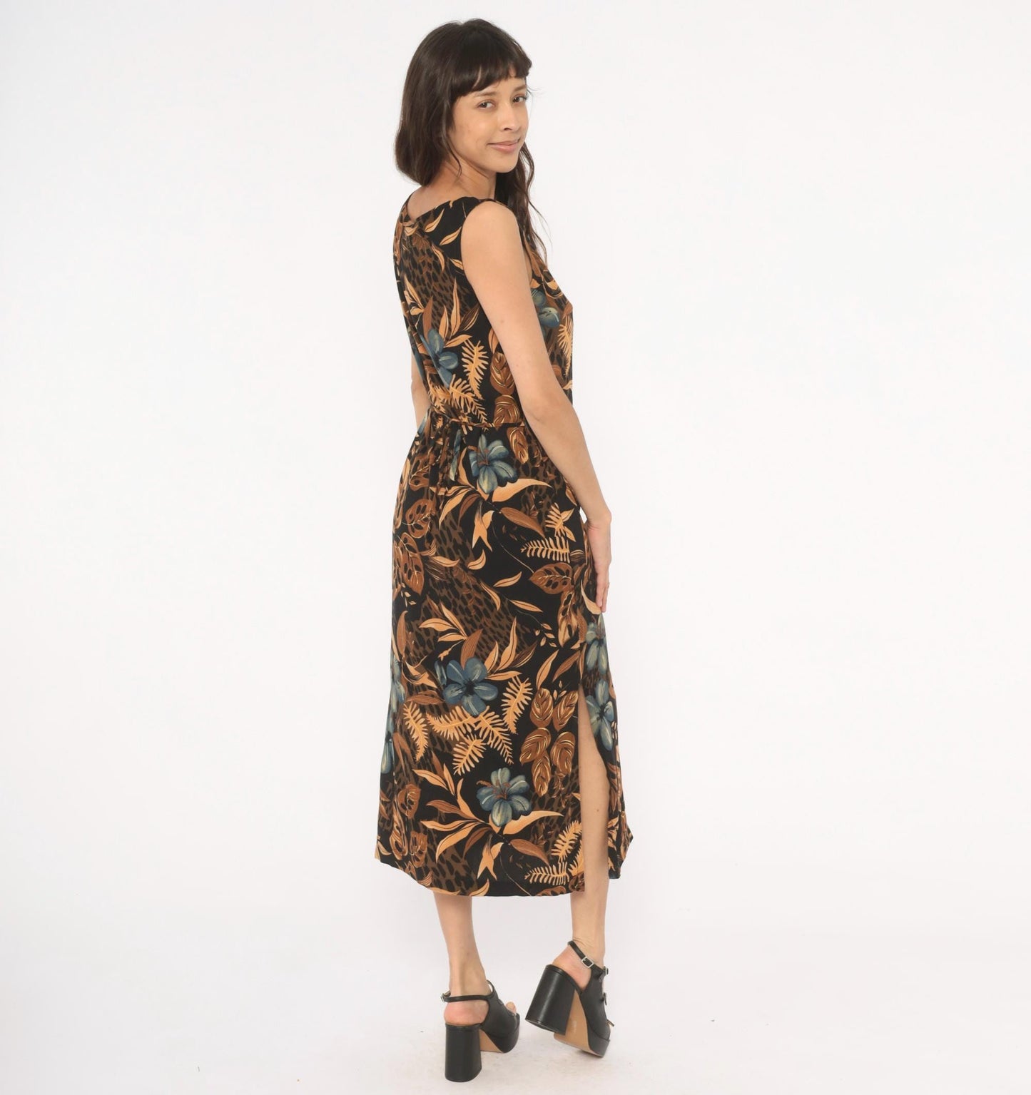 90s California Krush Tropical Floral Midi Dress Sleeveless Black Medium M