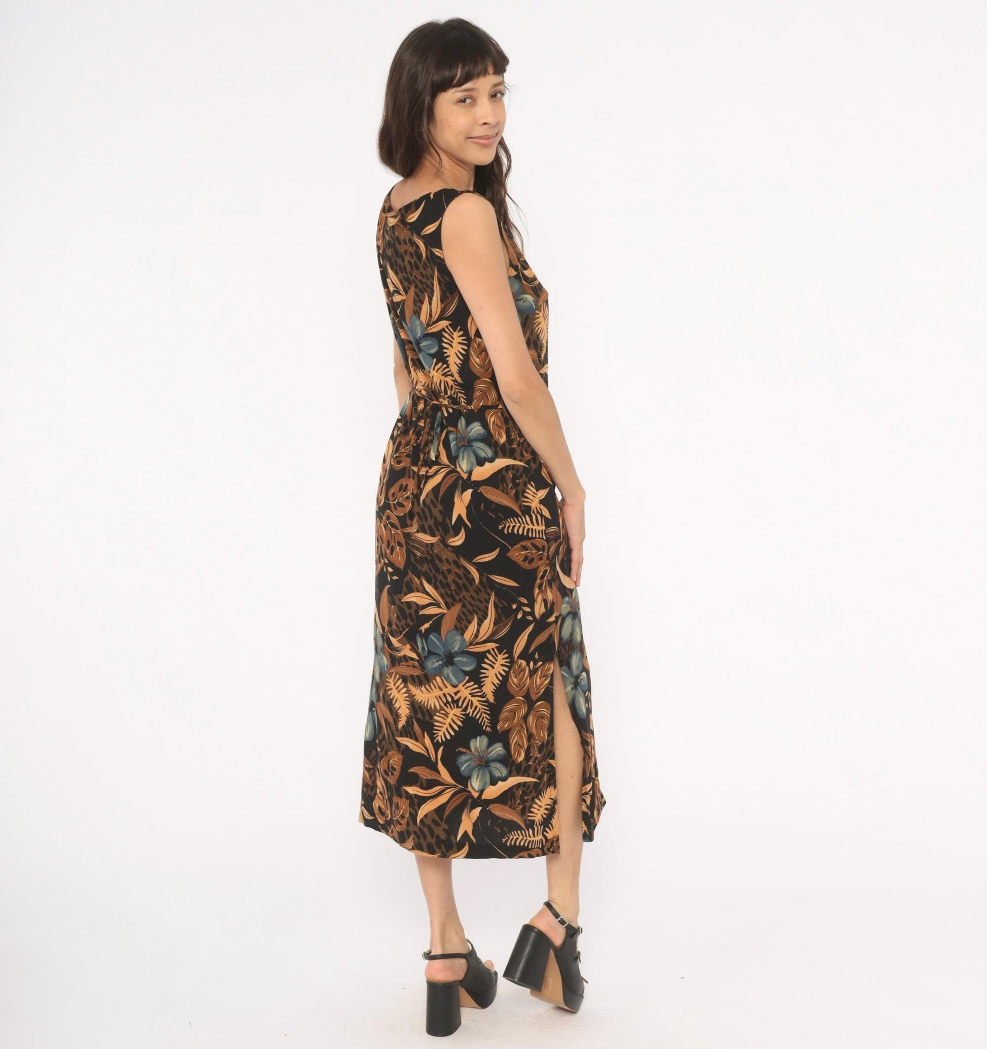 90s California Krush Tropical Floral Midi Dress Sleeveless Black Medium M