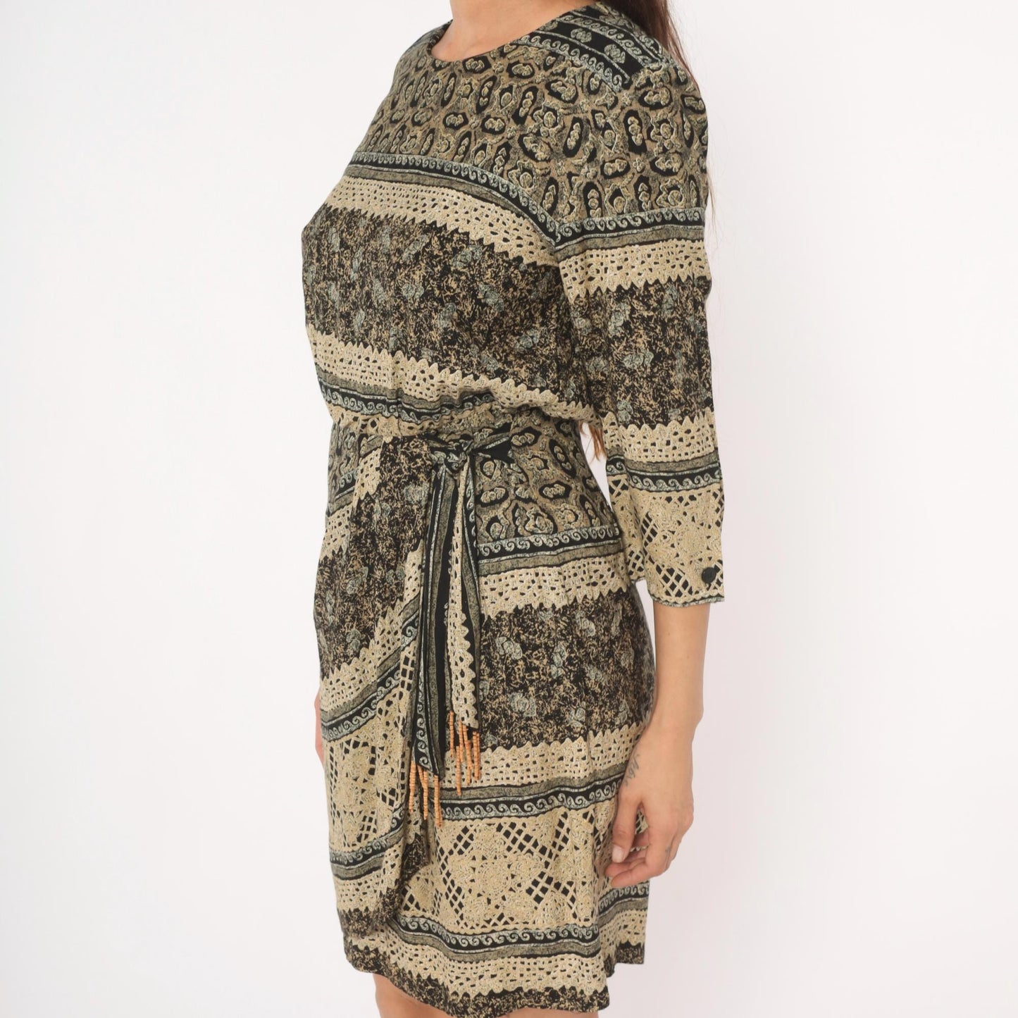90s RJ Stevens Mini Dress Paisley Floral Stripe Black Tan Olive Medium M