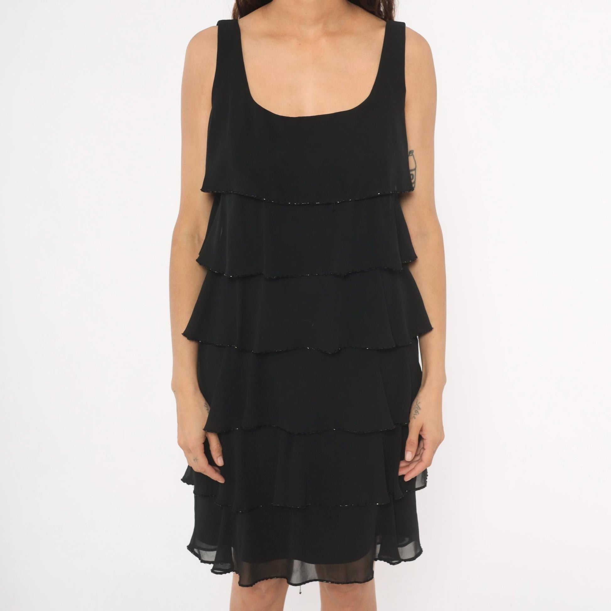 90s Patra Black Chiffon Tiered Ruffle Mini Dress Beaded Trim Medium M