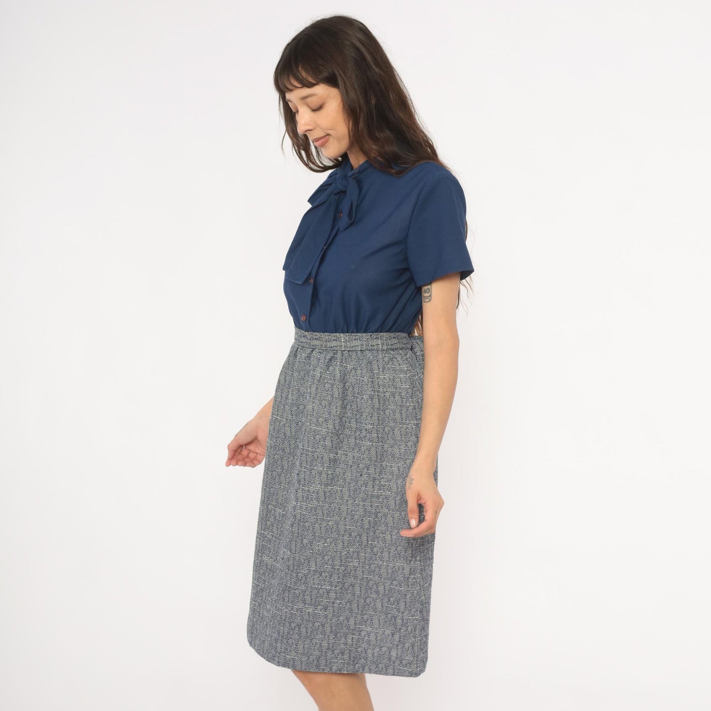 70s Sherri Lynn Navy Bow Tie Blouse Tweed A-Line Dress Knee Length Small