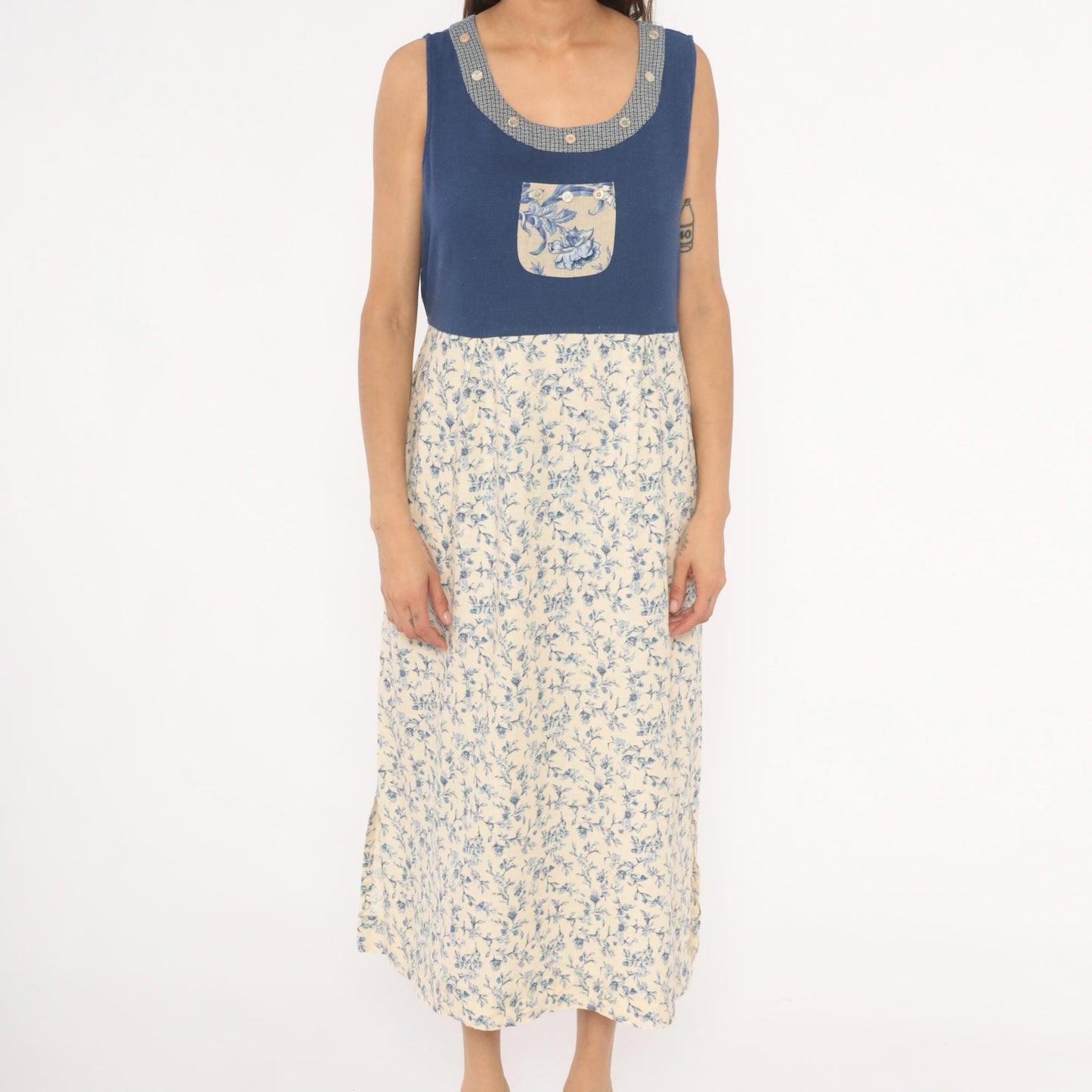 90s Napa Valley Floral Jumper Dress Blue Cream Linen Midi Large L