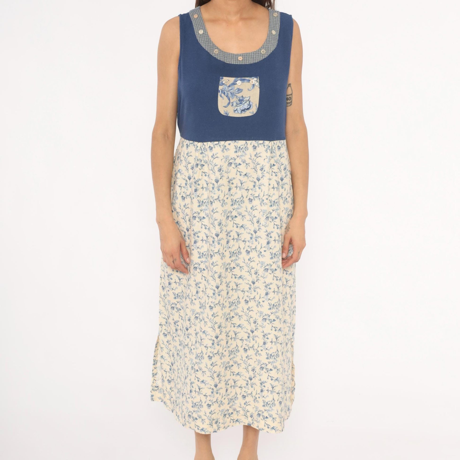 90s Napa Valley Floral Jumper Dress Blue Cream Linen Midi Large L