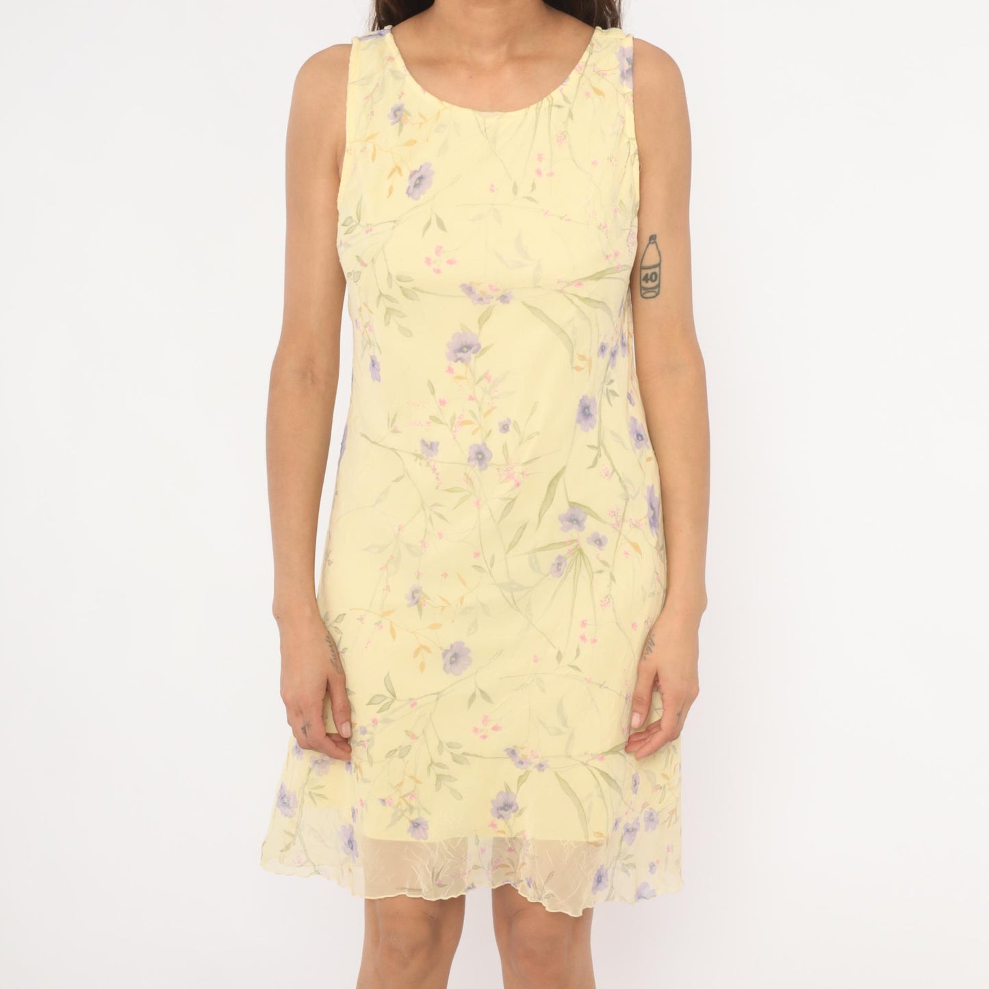 90s City Triangles Floral Chiffon A-Line Dress Yellow Lavender Small