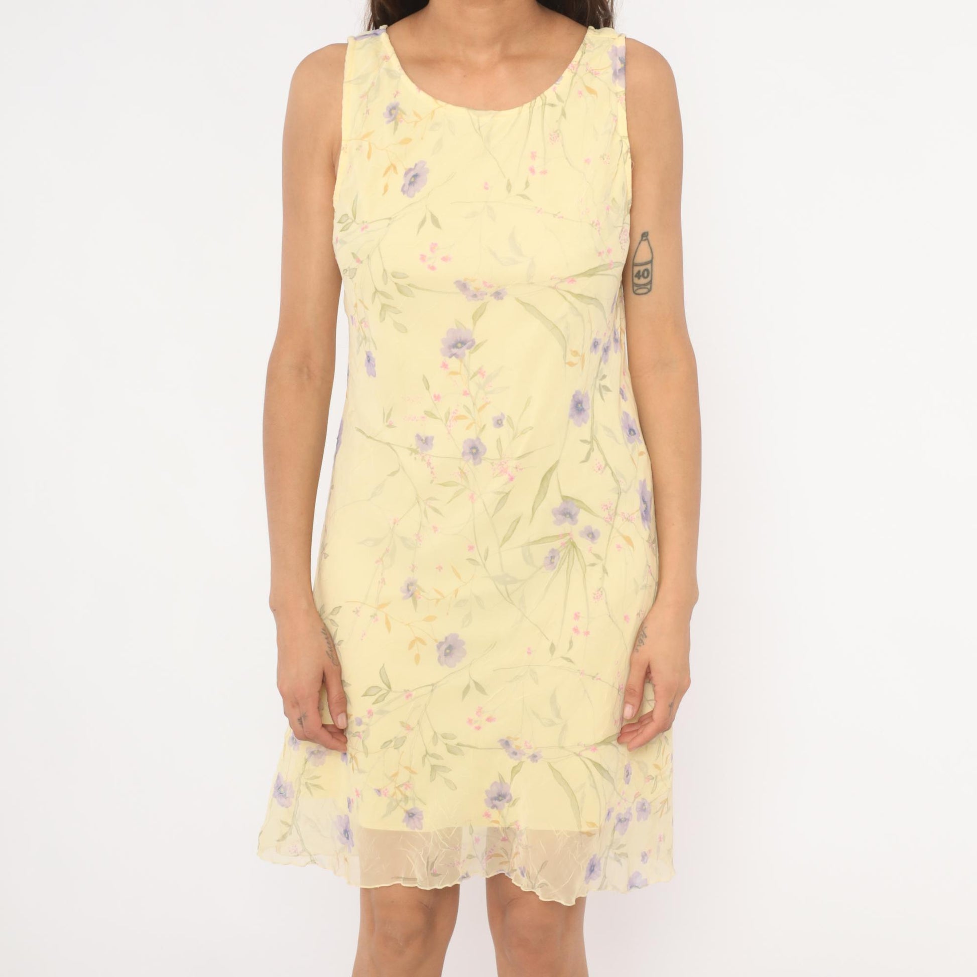 90s City Triangles Floral Chiffon A-Line Dress Yellow Lavender Small