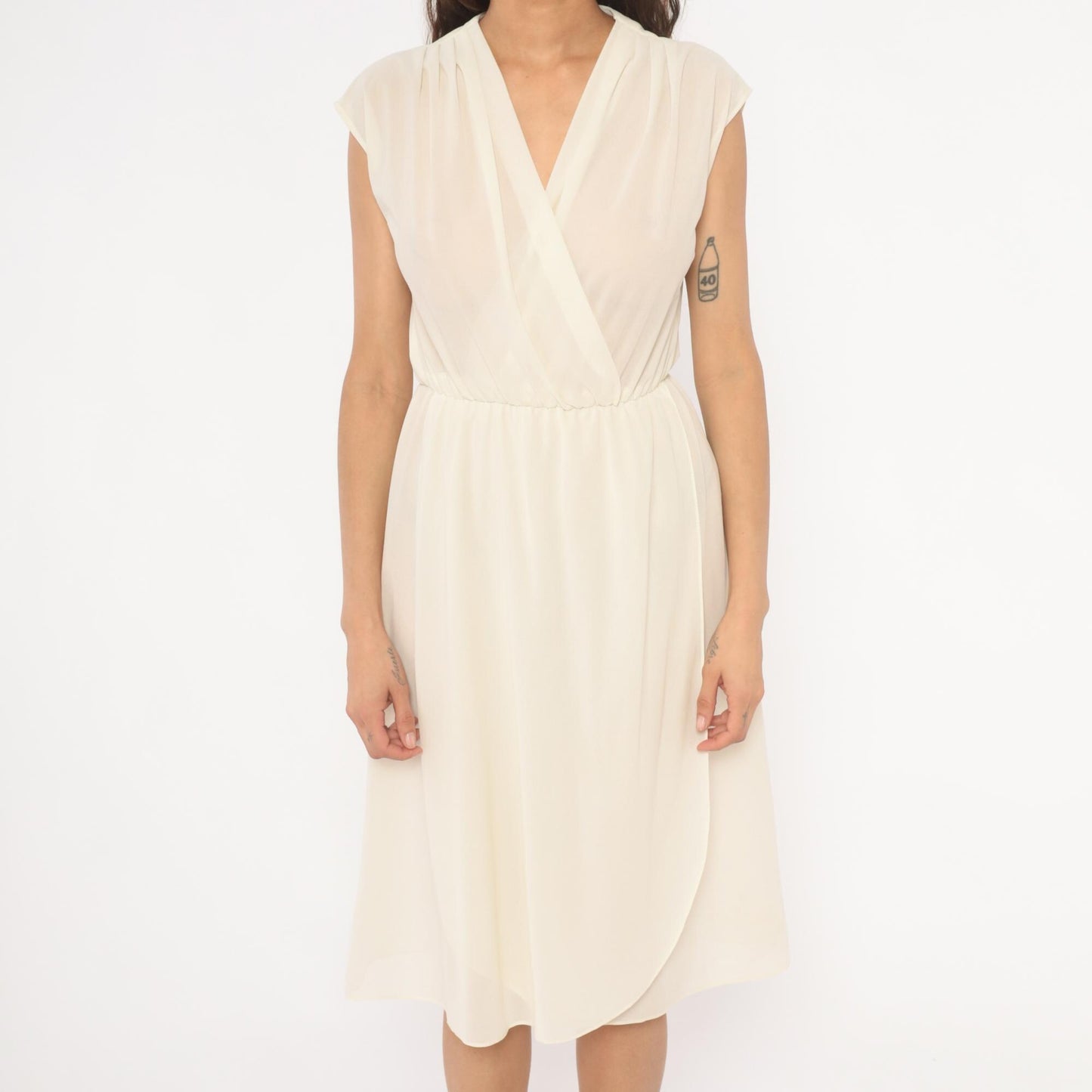 70s Oops Cream Wrap Dress V-Neck Cap Sleeve Midi Ivory Small S