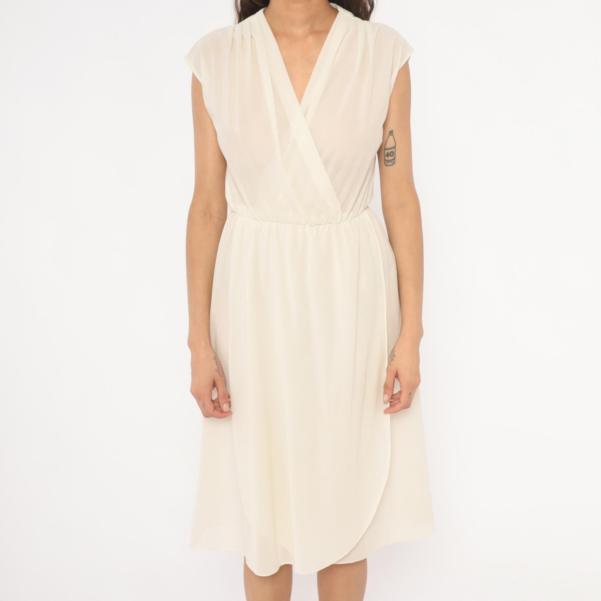 70s Oops Cream Wrap Dress V-Neck Cap Sleeve Midi Ivory Small S