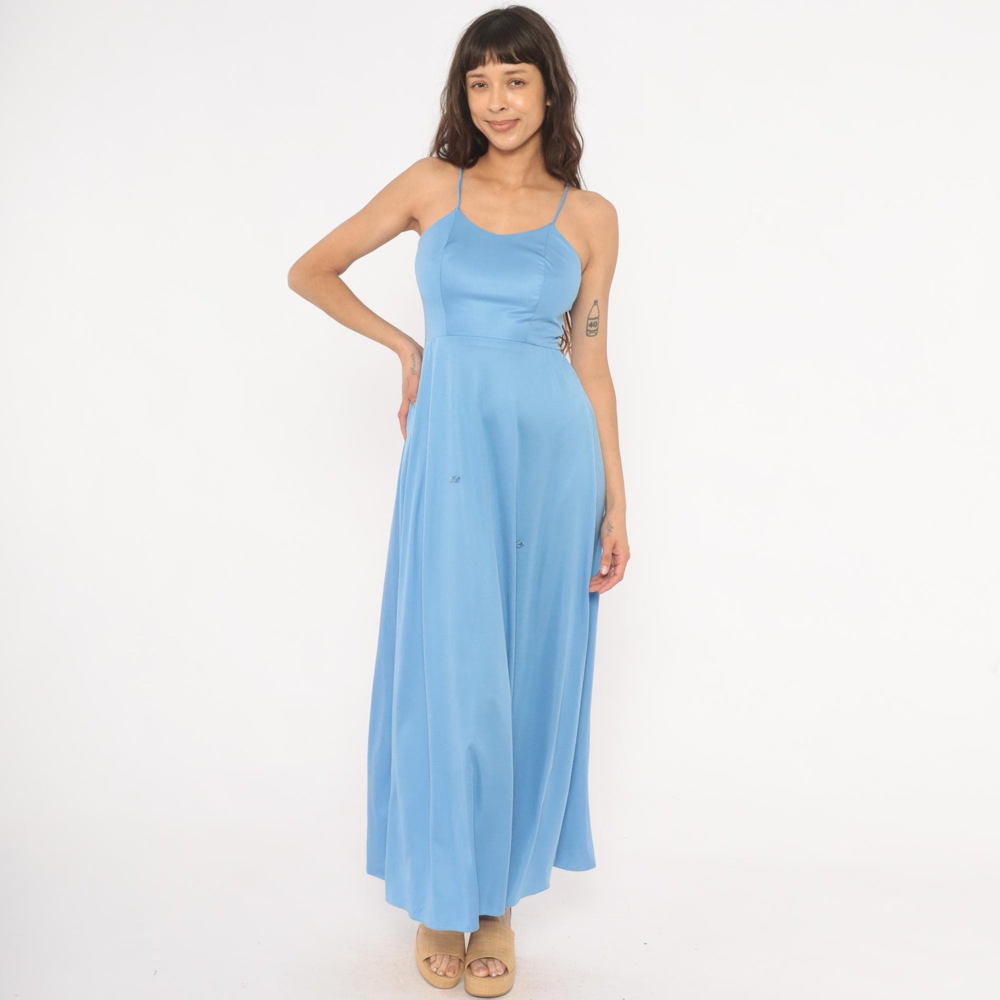 70s Sky Blue Maxi Dress Spaghetti Strap Rosette Detail Side Slit Extra Small XS