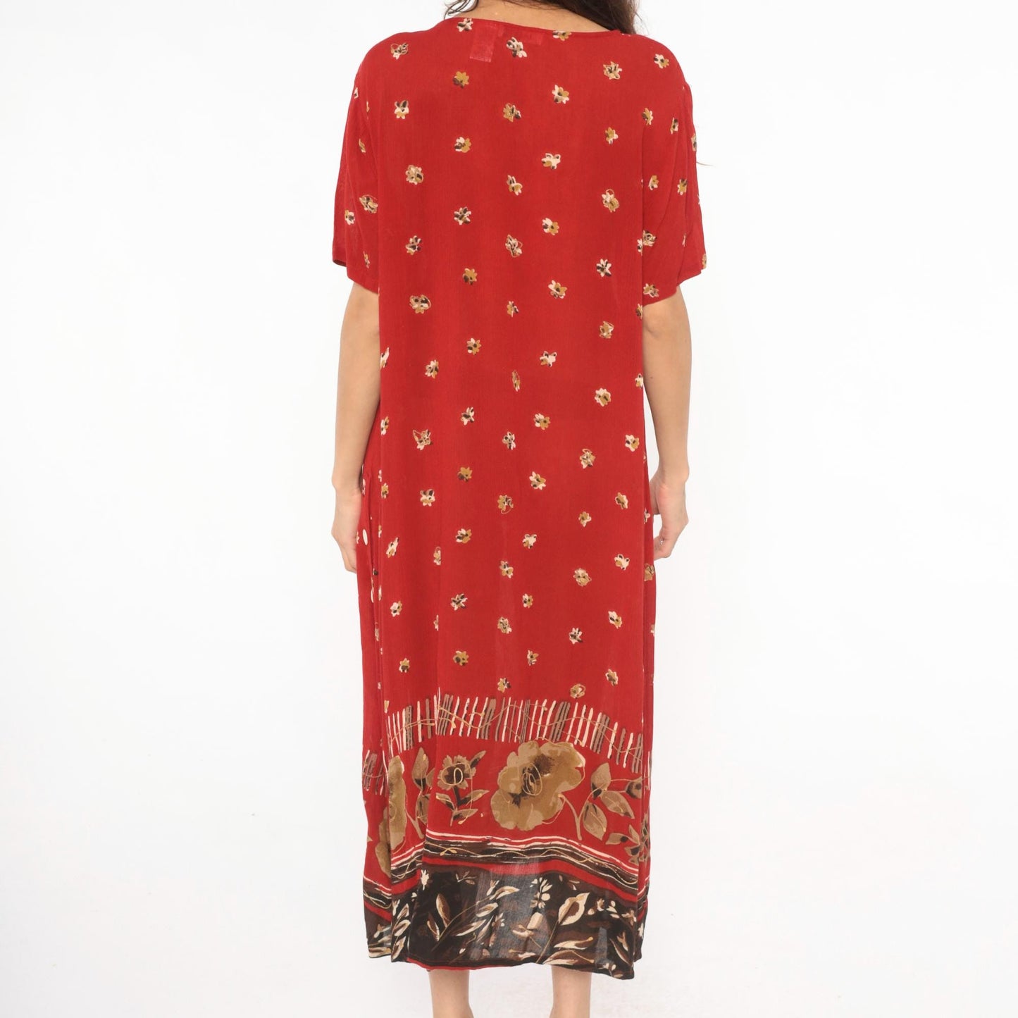 90s Red Floral Maxi Dress Gold Border Button Side Slit Large L