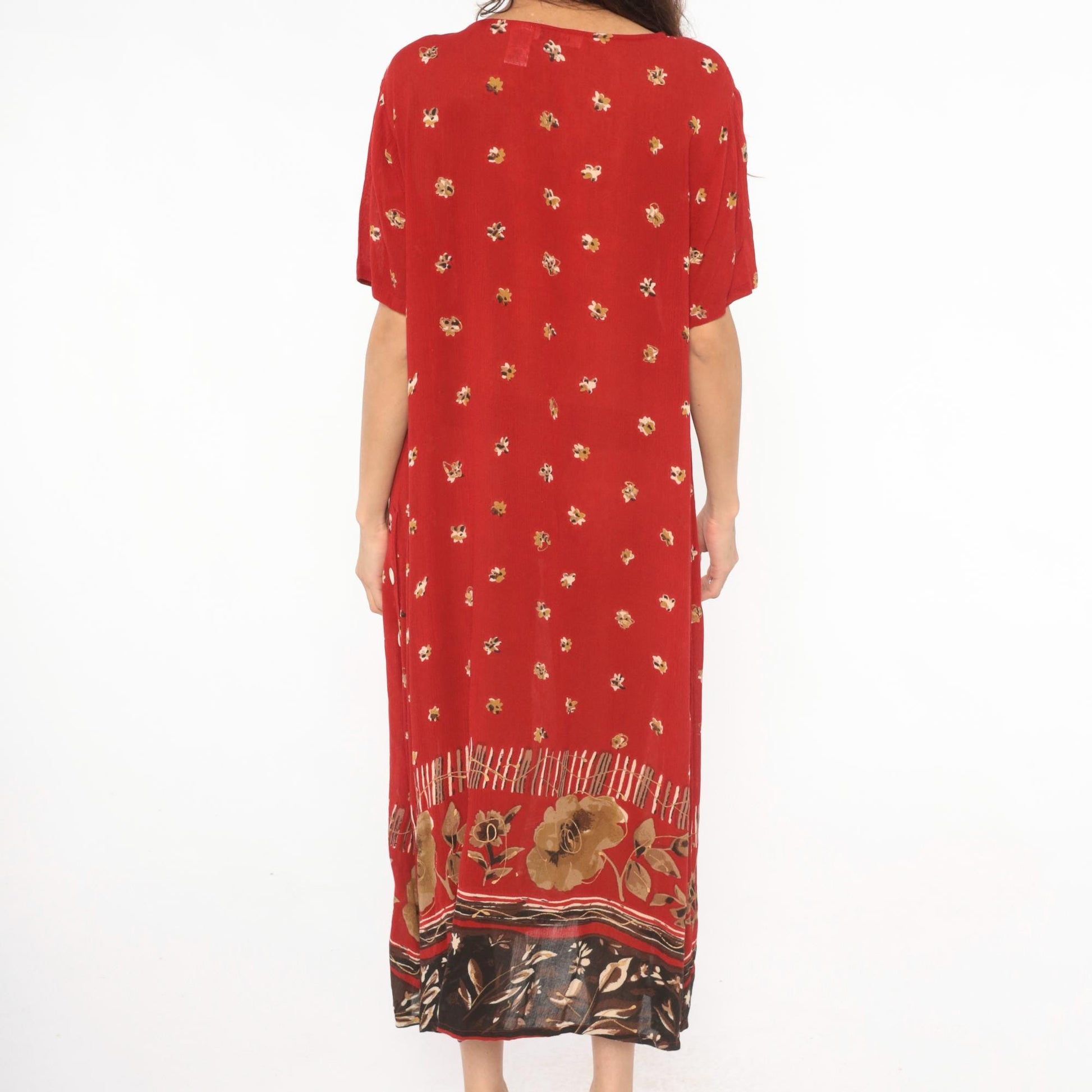 90s Red Floral Maxi Dress Gold Border Button Side Slit Large L
