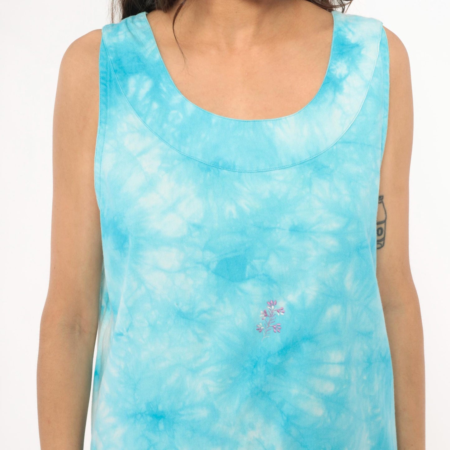 90s Basic Editions Tie Dye Maxi Dress Sky Blue Embroidered Floral Cotton Medium M
