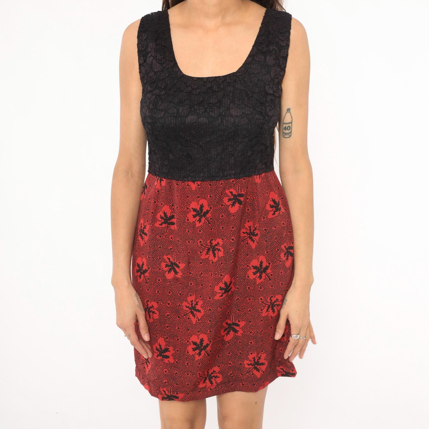 60s Colorblock Mini Dress Black Lace Bodice Red Leaf Print Empire Waist Small