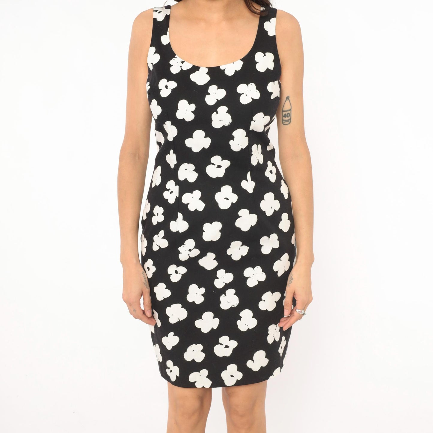 90s Elizabeth Simon Floral Bodycon Mini Dress Black White Cotton Small S