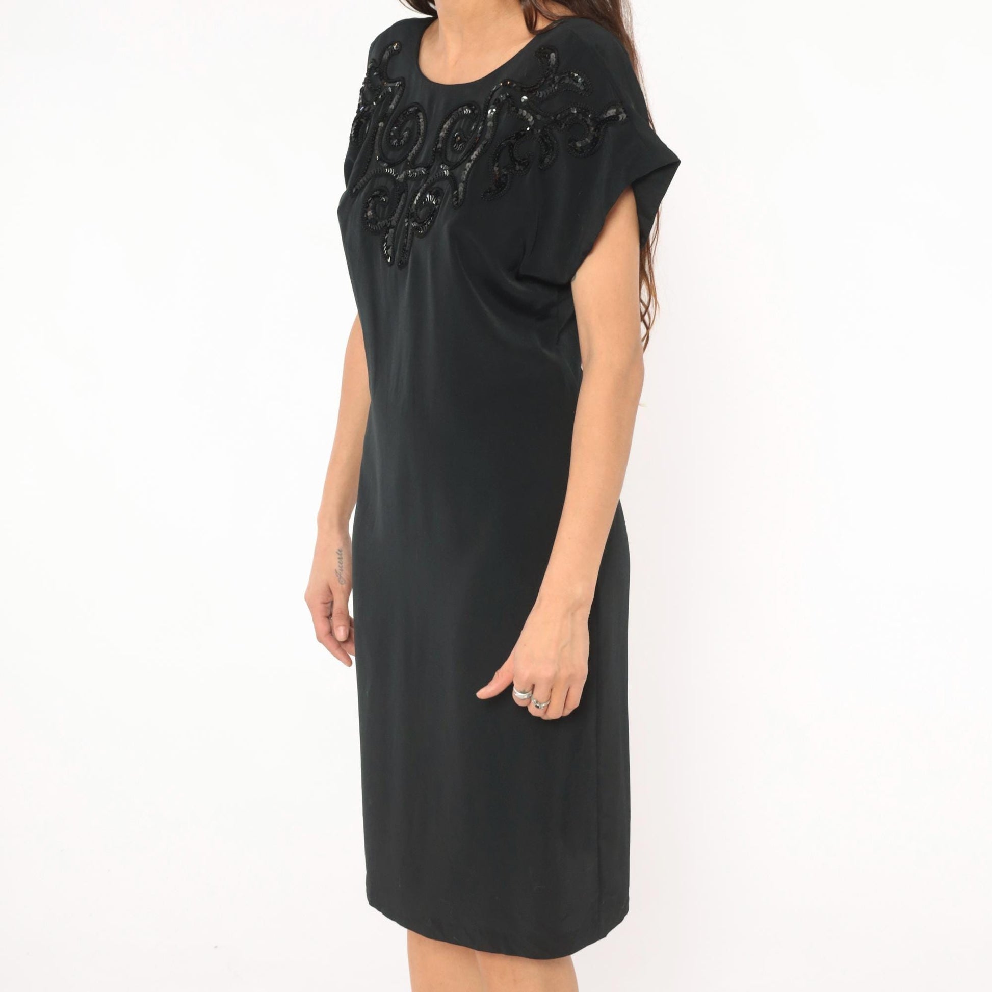 80s Susan Roselli Sequin Beaded Black Sheath Dress Scoop Neck Small S
