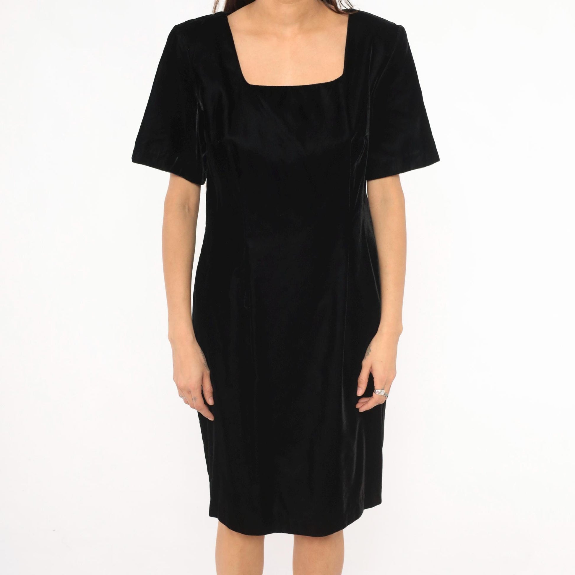 90s My Michelle Black Velvet Dress Square Neck Short Sleeve Knee Length Large L