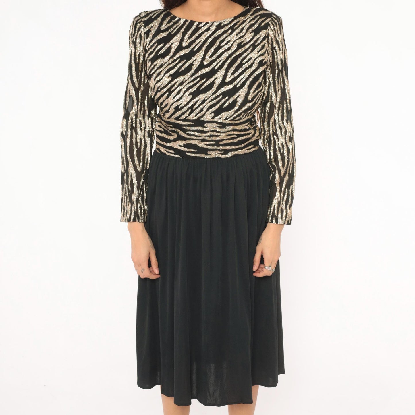 80s Ursula of Switzerland Gold Zebra Stripe Midi Dress Black Long Sleeve Medium M
