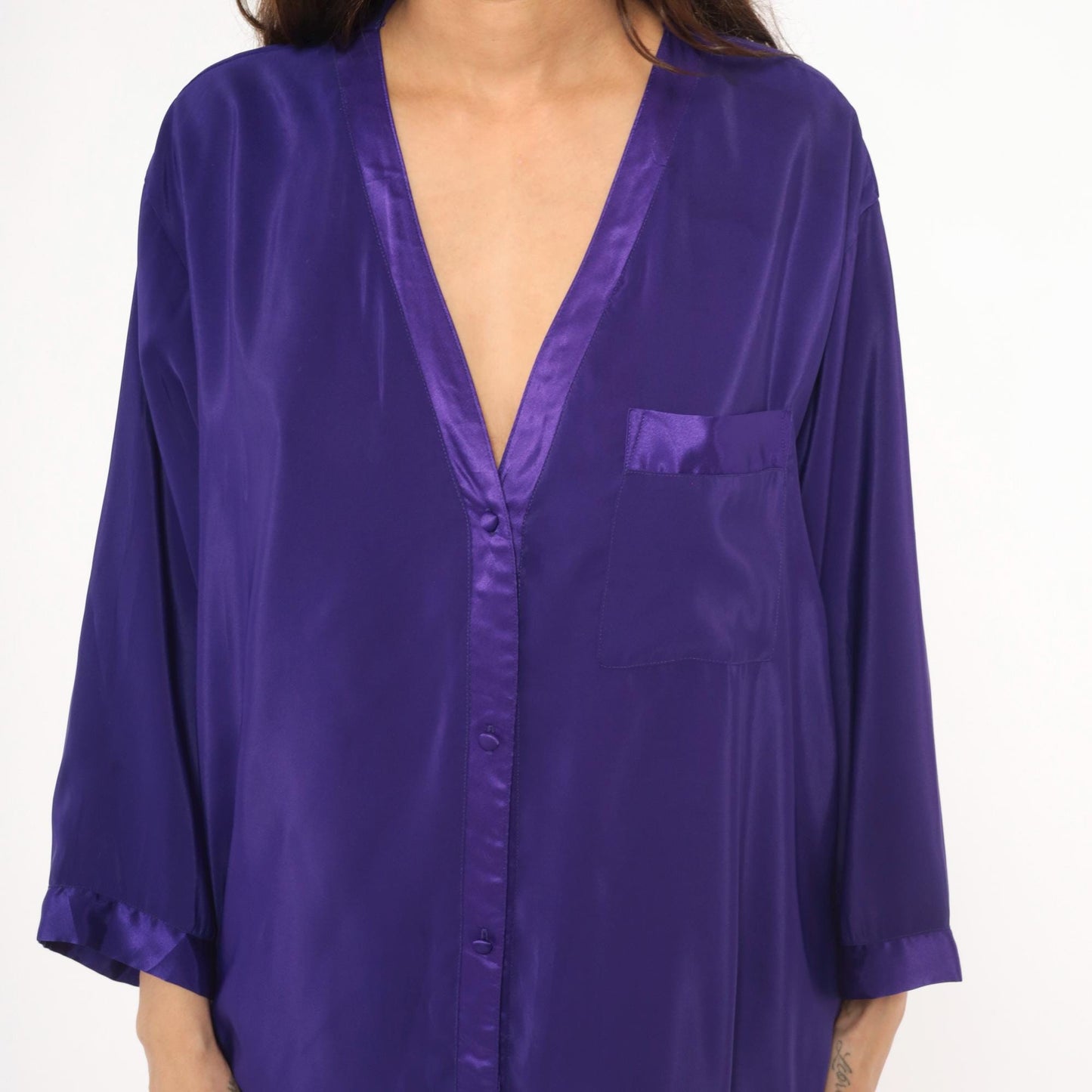 90s Beth Michaels Purple Satin Sleep Shirt Button Front V Neck Knee Length Large L