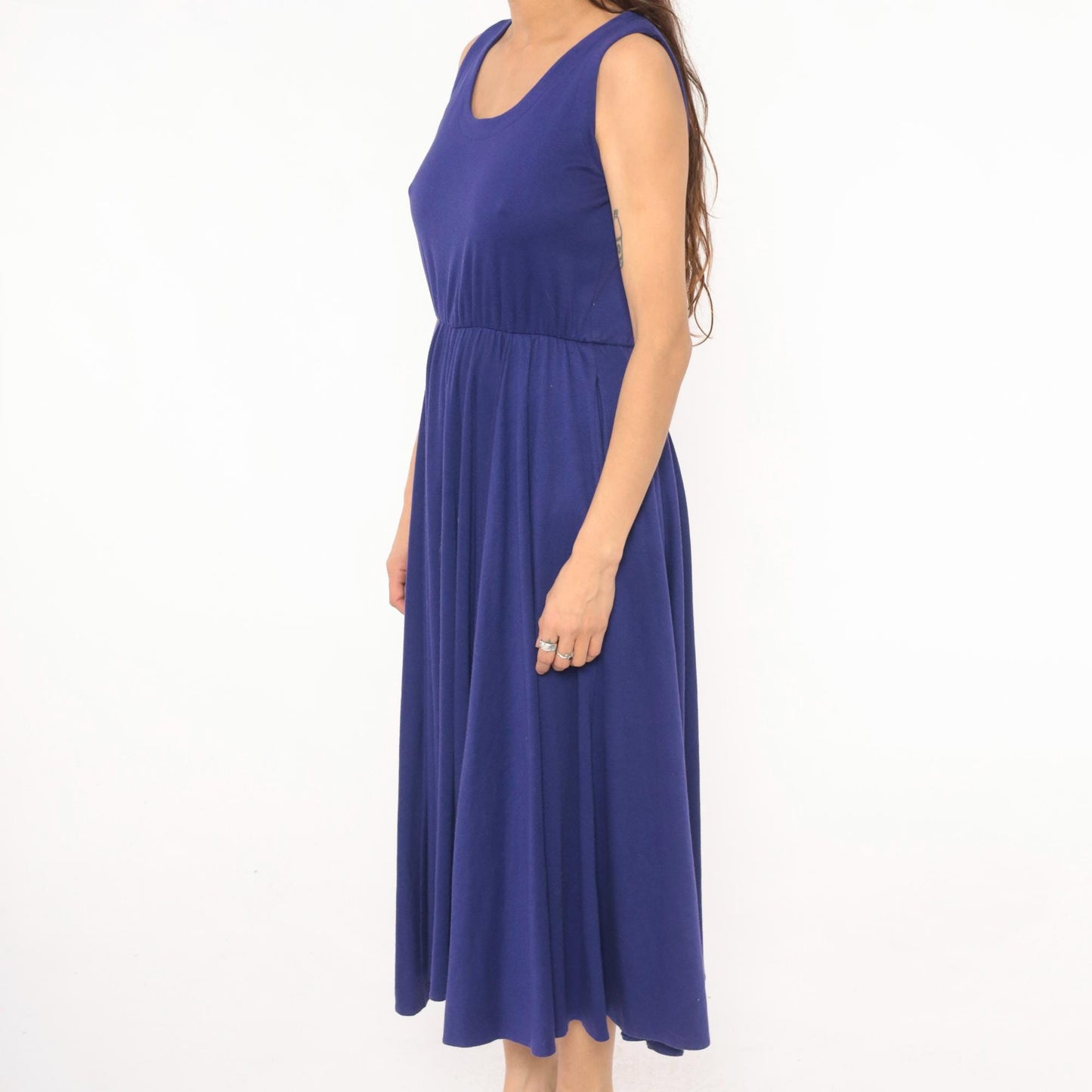 80s Rosemary Brantley Indigo Midi Sundress Scoop Neck Circle Skirt Large L